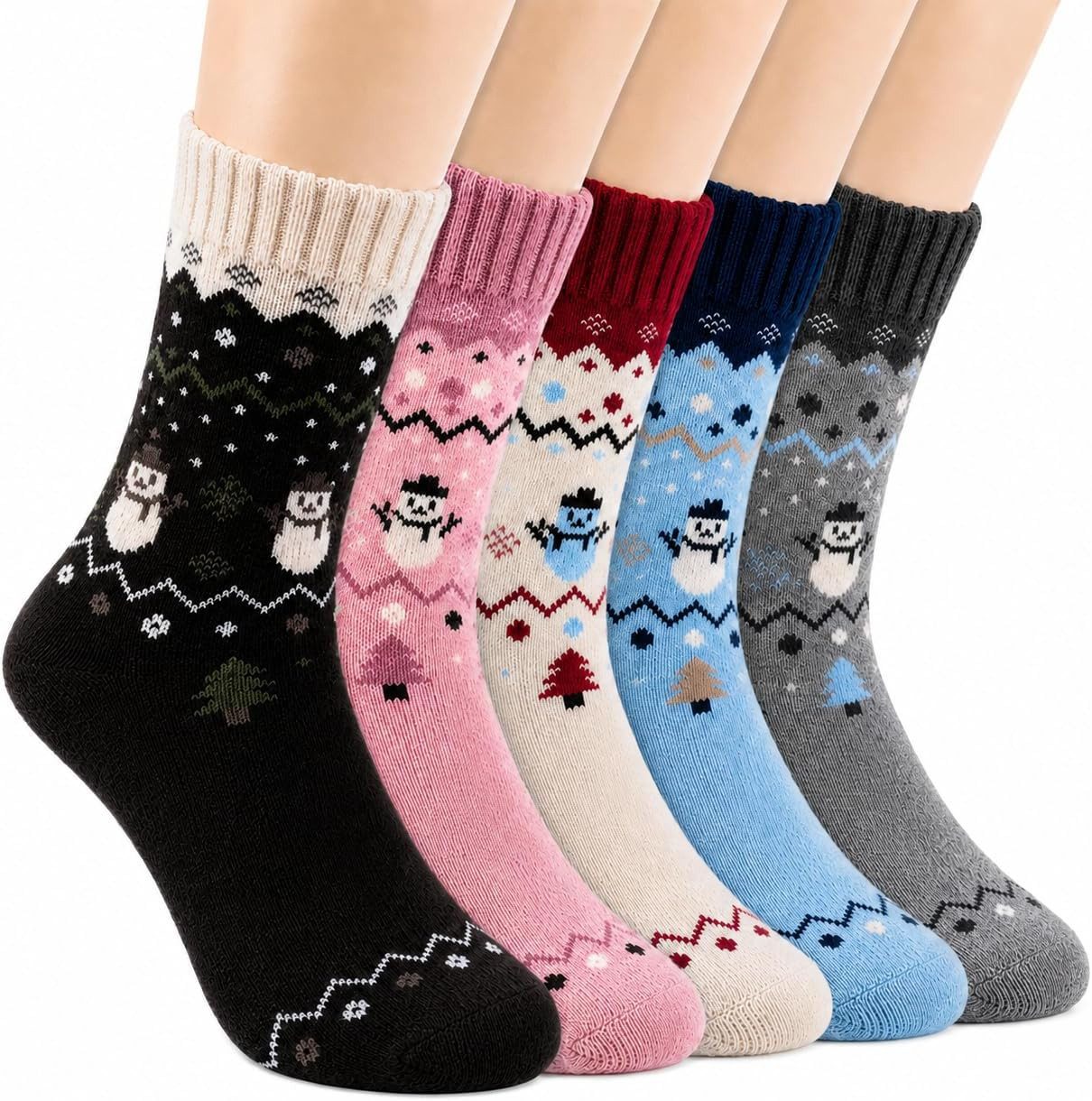 FOUORTUNATE-BEE Thermosocken 5 Paar Wintersocken mit Schneemann-Motiv, warme Weihnachtssocken (5-Paar) 5 Paar Weihnachtssocken, atmungsaktiv, Einheitsgröße, als Geschenk