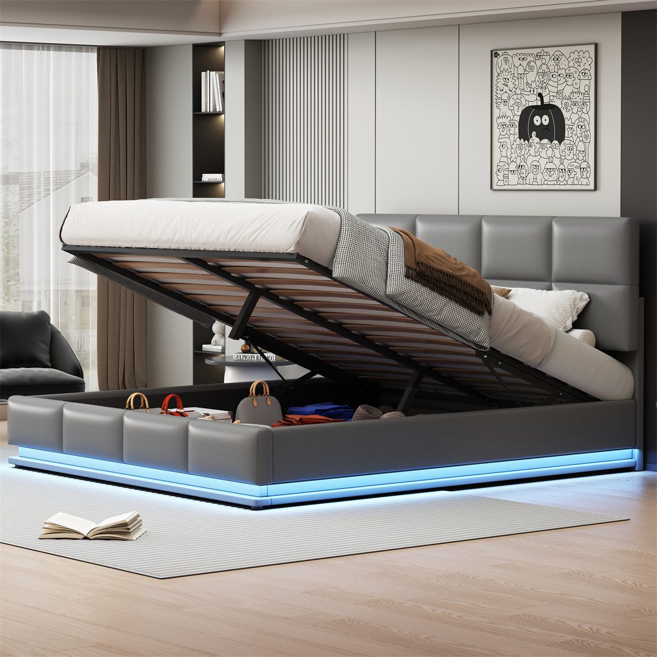 autolock Polsterbett Polsterbett,180x200 cm,Doppelbett Jugendbett mit LED Beleuchtung, Hydraulisch anhebbarer Stauraum,Bettkasten,Lattenrost aus Kunstleder