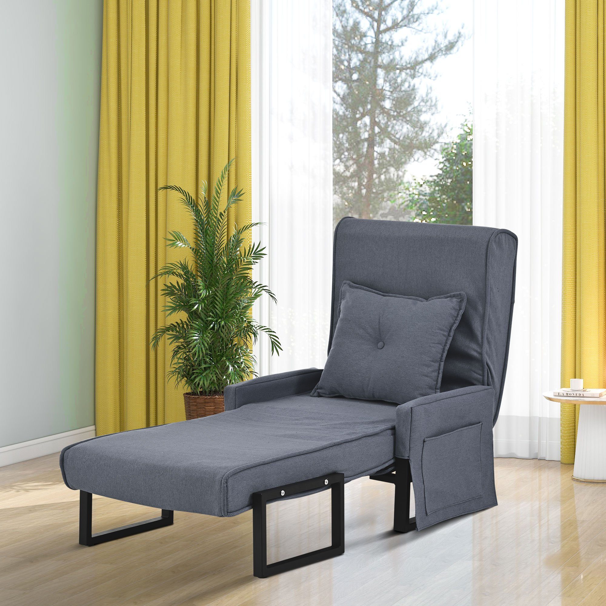 Merax Relaxsessel 3-in-1 faltbar mit Leinenbezug und Metallrahmen, Schlafsessel, Liegesessel mit 6 Fach vestellbarer Rücklehne, Relaxliege umwandelbar Grau | Sessel