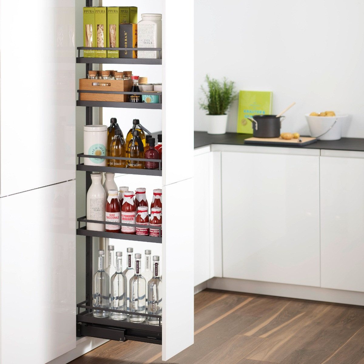 Kesseböhmer Auszugsboden Dispensa-X anthrazit für 40 cm Schrankbreite SoftstopPlus, Clickfixx und 5 ARENA Style Tablare, Tragrahmen 1900-2300 mm
