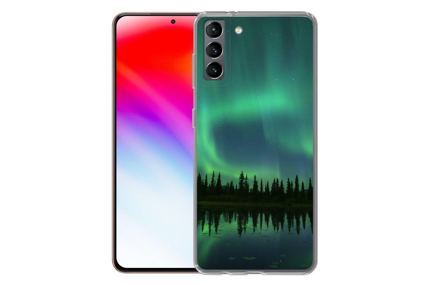 MuchoWow Handyhülle für Samsung Galaxy S21 Plus Nordlicht - Bäume - Wasser - Alaska, Phone Case, Silikon, Schutzhülle Dünn