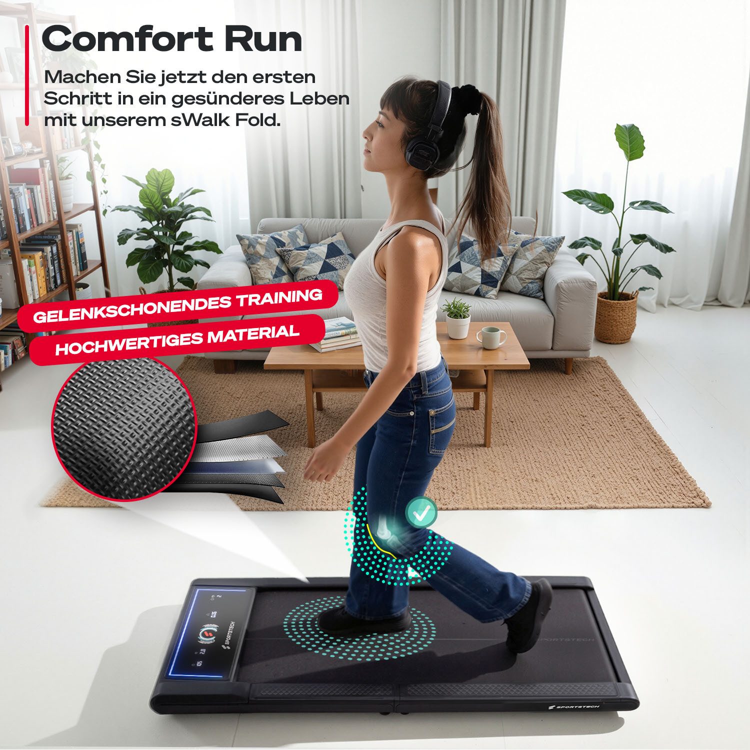 Sportstech Laufband sWalk Fold, 1–6 km/h, faltbar, 7 Farben LED, 4 Programme, LCD