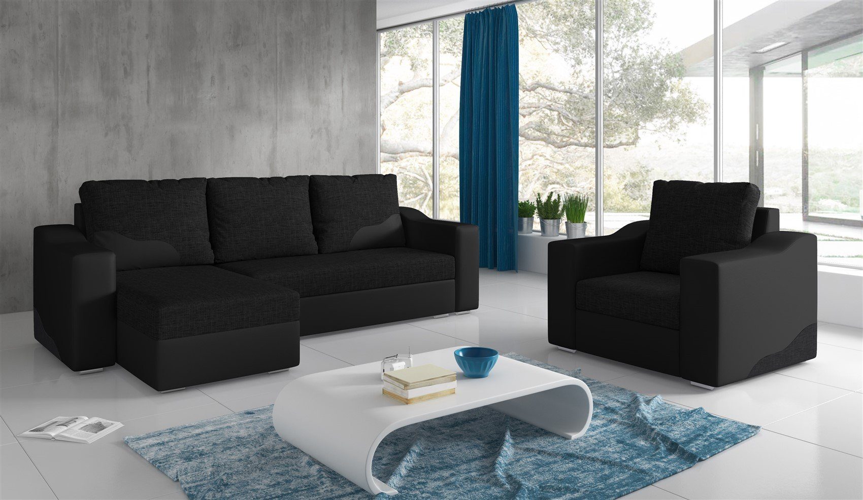 Fun Möbel Ecksofa Ecksofa Designersofa Bettkasten Schwarz-Schwarz x mit 2 mane, COLLIN