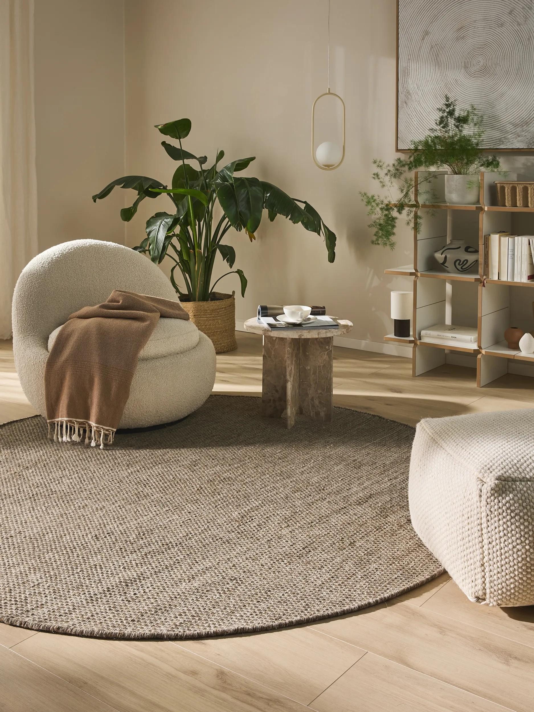 benuta Wollteppich Rocco, rund, Höhe: 5 mm, Wolle, handgewebt, Uni, Natural günstig online kaufen