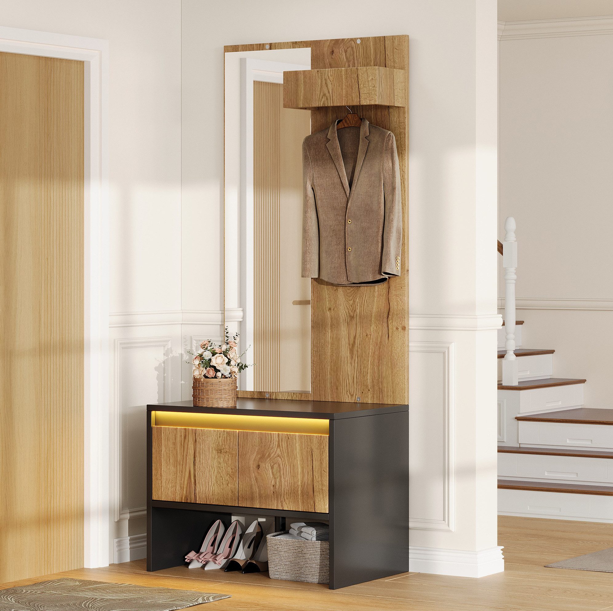 REDOM Garderobenschrank Garderoben-Set mit Stauraum, Garderobenmöbel mit Spiegel (Schuhbank und Kleiderhaken, inklusive Kleiderständer und Schubladen, Garderobenständer, Garderobe 60×38×145 cm)