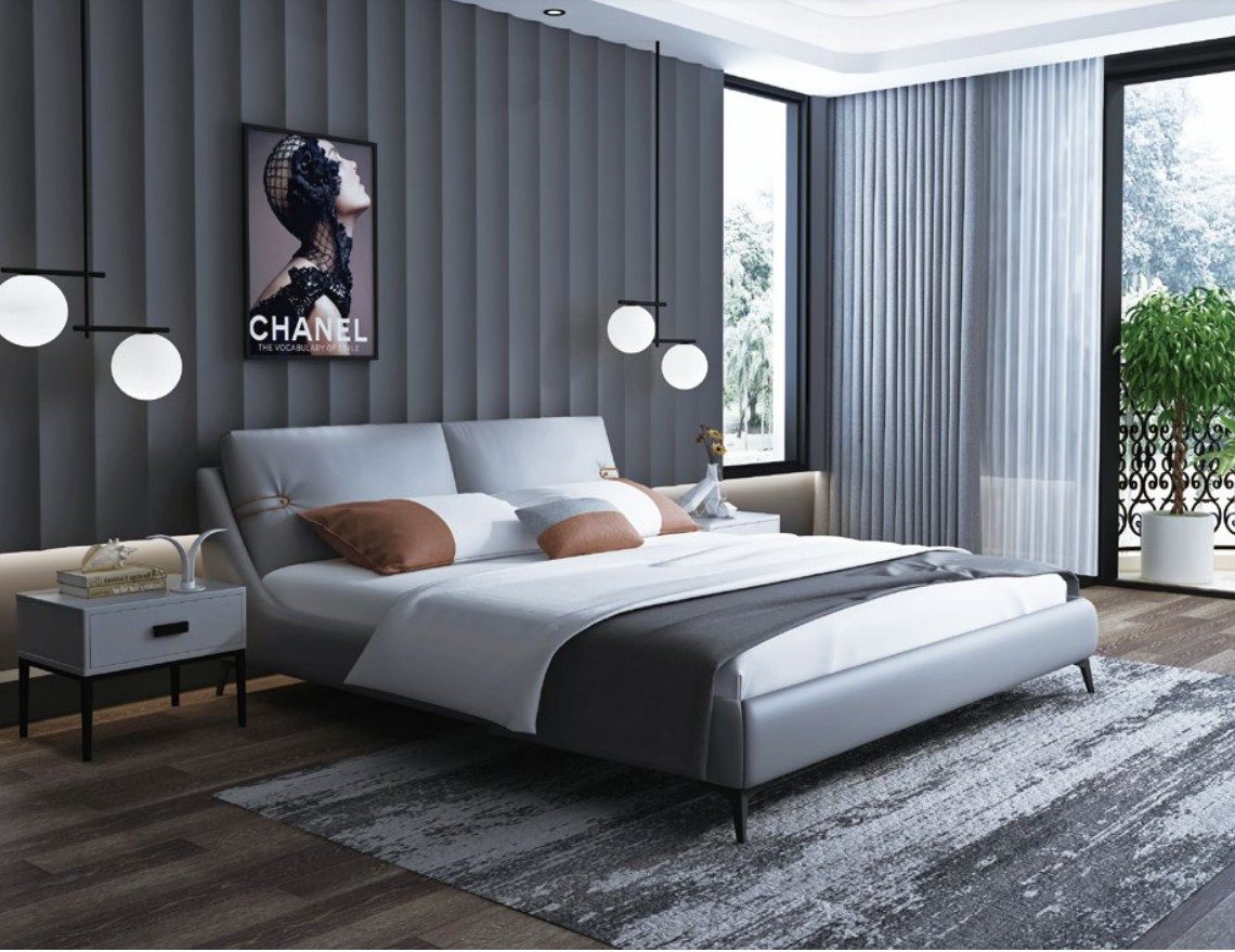 JVmoebel Polsterbett Elegantes Bett aus Holz in Grau mit Edelstahlfüßen, Made in Europa