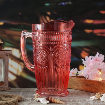 MARELIDA Wasserkrug Glaskrug Vintage Boho Blumenmuster Karaffe Tee Saft Kanne 1,4l rot
