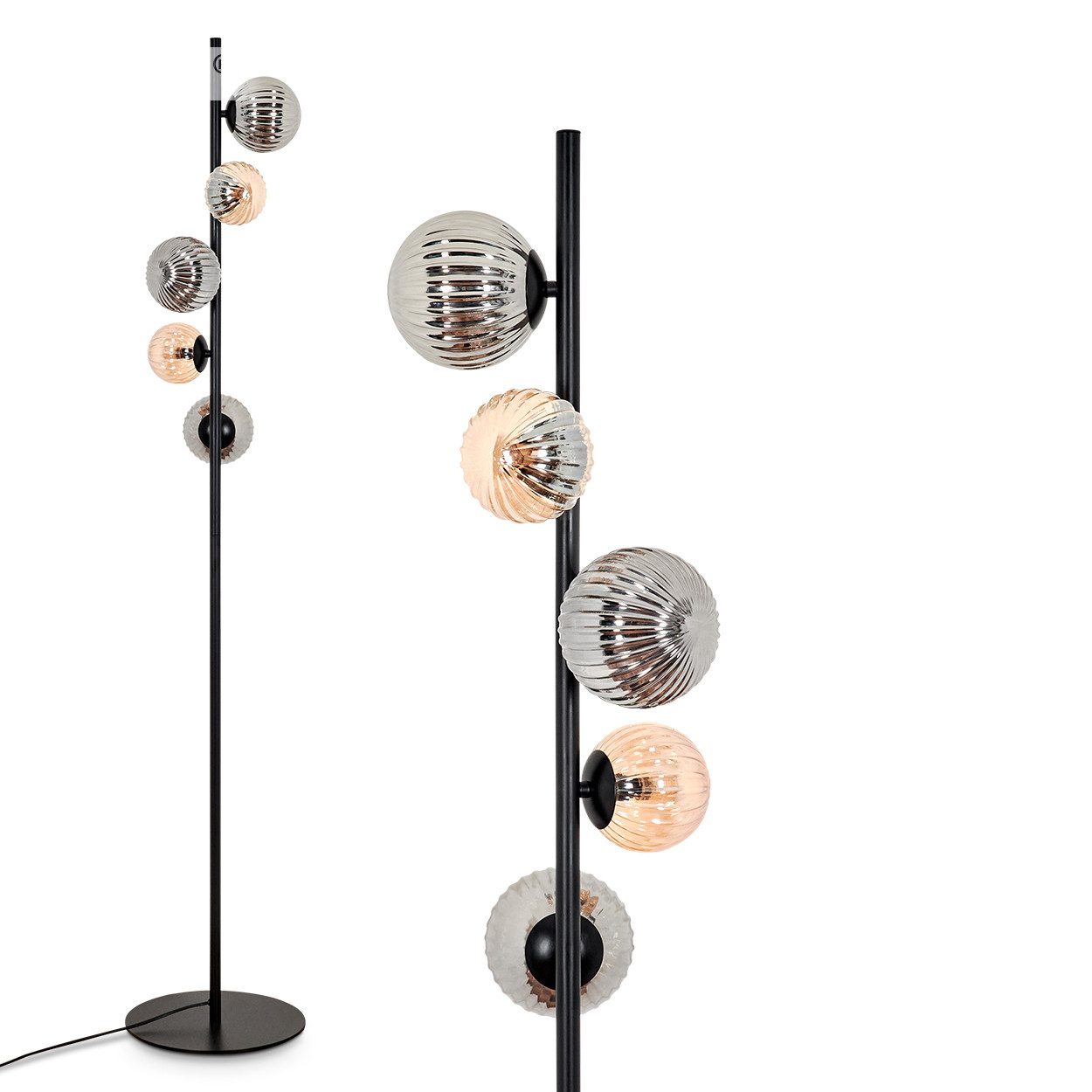 Stehlampe Stehlampe aus Metall/Riffelglas in Schwarz/Rauch/Bernstein