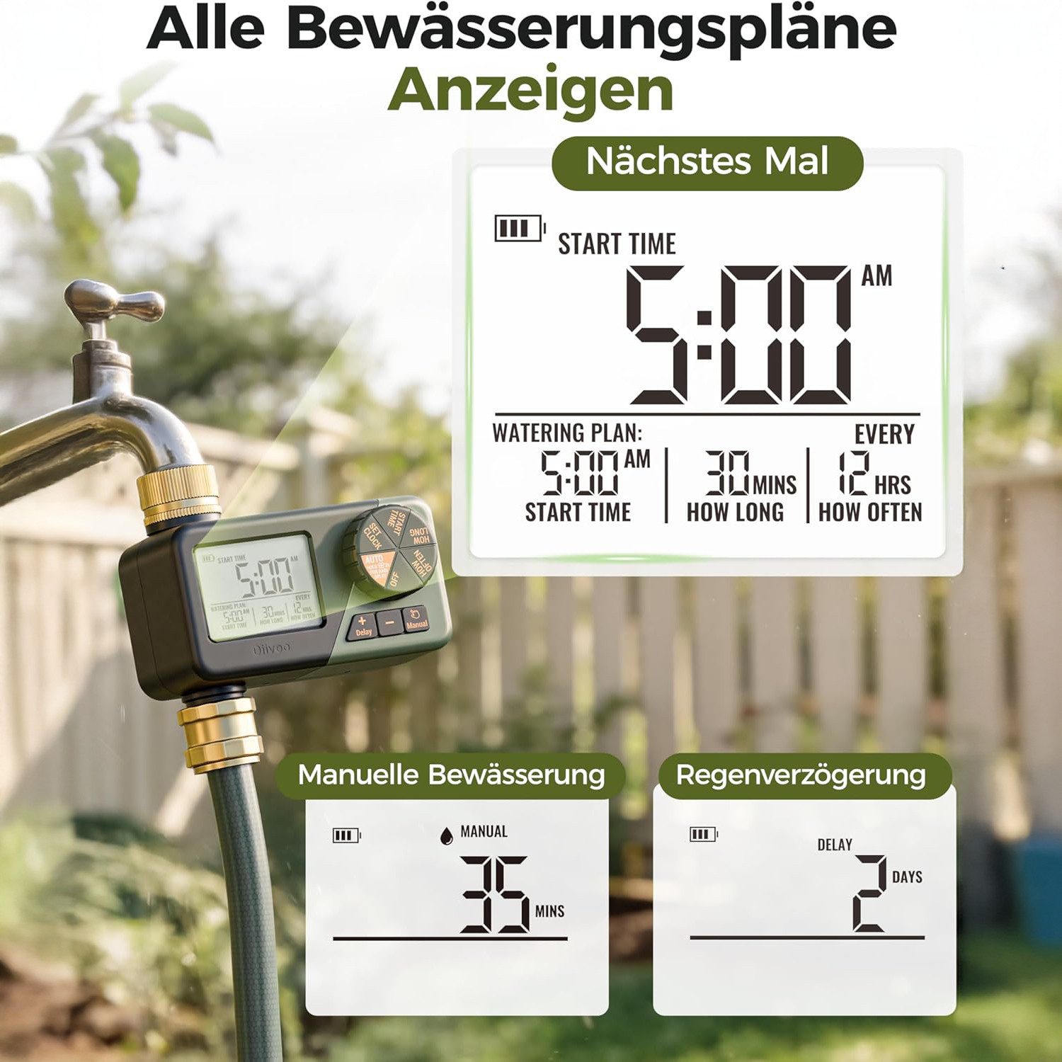 Diivoo Bewässerungssystem Bewässerungssteuerung Bewässerungsuhr, Großes LCD-Display,Garten Rasen