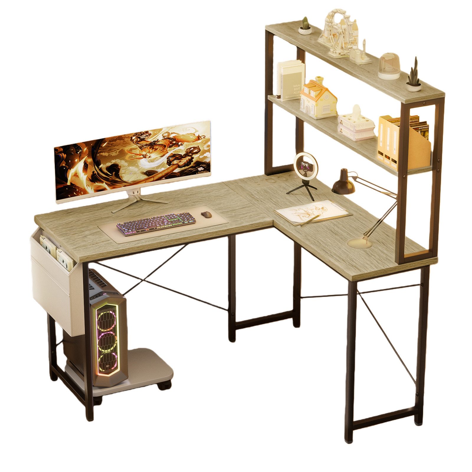 BBWL Computertisch Doppelstock-Computertisch mit RGB-LED, integrierter Steckdosenleiste, 135 × 100 × 75cm, PVC-Kanten und flexiblem PC-Halter
