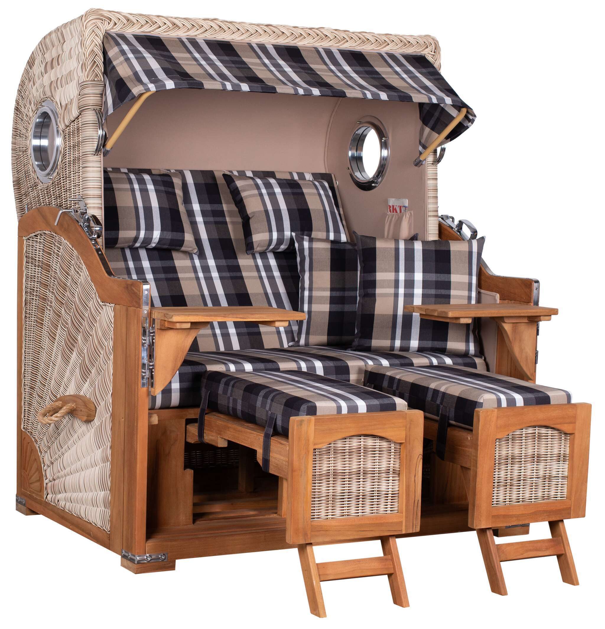 MR.DEKO Strandkorb XL Düne Grande wetterfest Teak PE Shell 2,5 Sitzer mit Bullauge, BxTxH: 142x95x170 cm, Volllieger, Düne, (Fertig montierter Strandkorb für Garten, Terrasse & Balkon), Wetterfester Volllieger mit Edelstahlbeschlägen & waschbaren Polstern