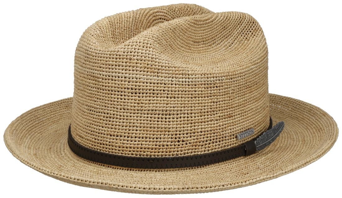 Stetson Strohhut Westerhut aus Raffia mit Lederband und Metall-Feder