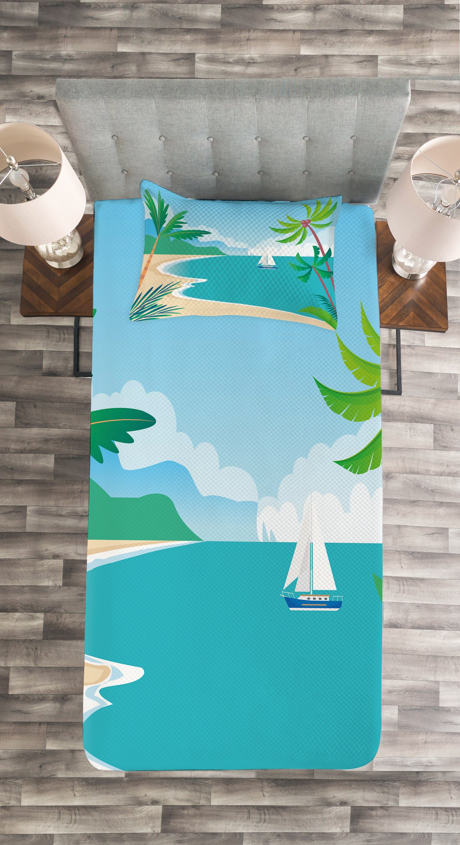 Tropic Cartoon Abakuhaus, Set Waschbar, mit Coast Grafik-Strand Tagesdecke Kissenbezügen