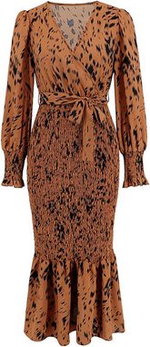 BlauWave Dirndl Damen Kleid V Ausschnitt Langarm Wickeloptik Blümchenkleid (1-tlg., Frühlings- und Herbstkleid) Langes Kleider mit Vintage-Print
