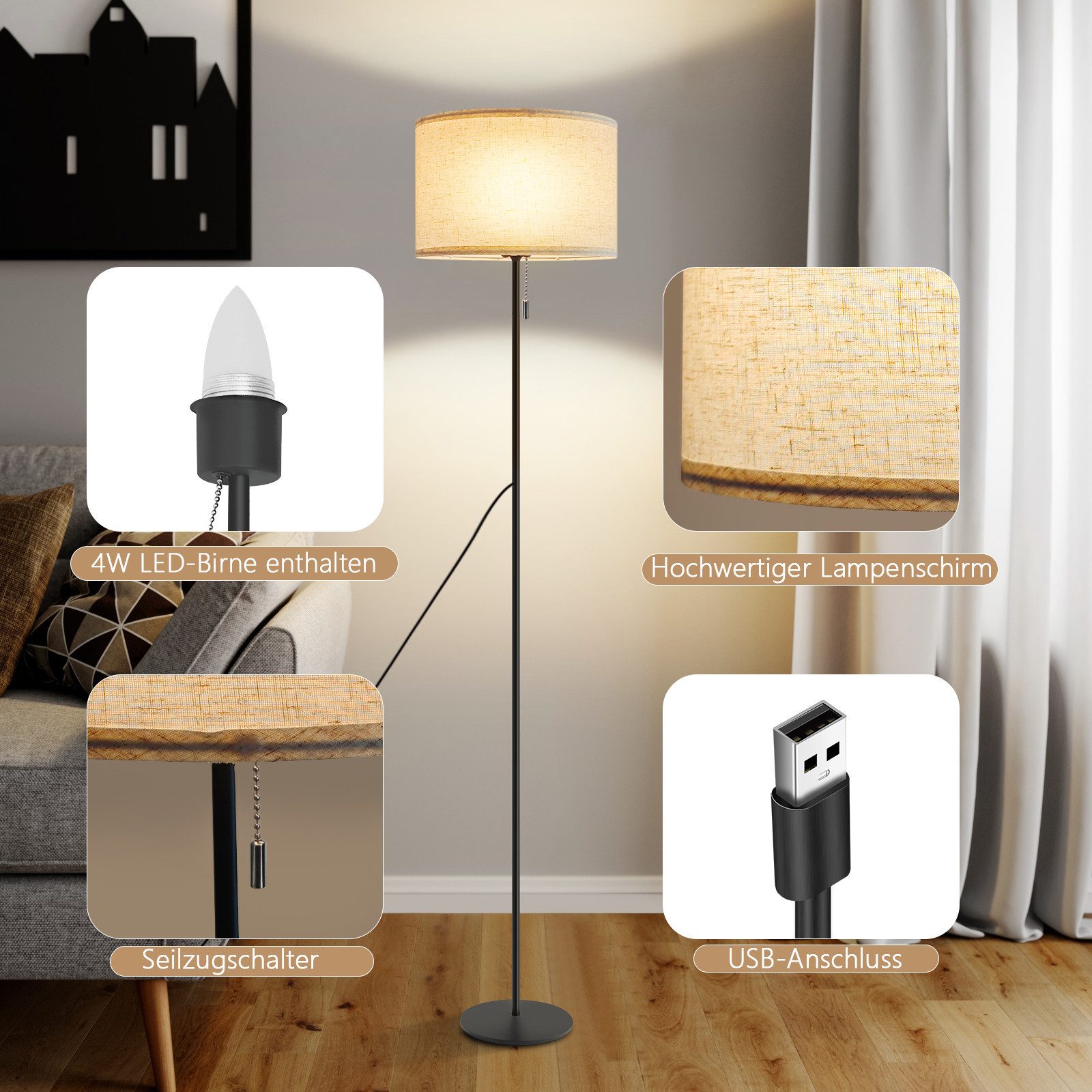Nettlife LED Stehlampe Vintage Lampenschirm Dimmbar Wohnzimmer Beige mit Seilzugschalter, mit Seilzugschalter, LED fest integriert, Farbwechsler, Retro Leselampe für Schlafzimmer Esszimmer Büro