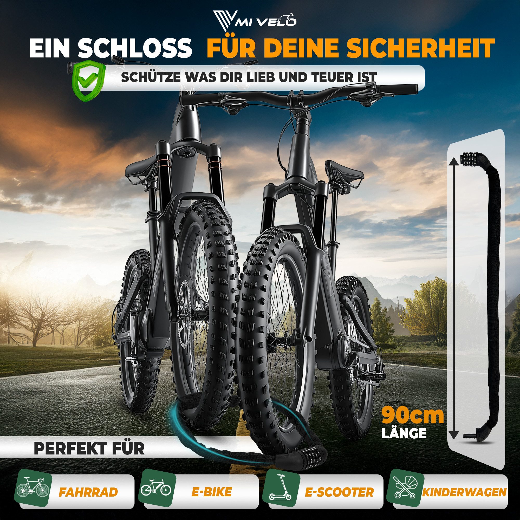 MIVELO Kettenschloss MIVELO FAHRRADSCHLOSS 90 cm Fahrrad Schloss (mit Zahlencode), Vierkantstahl - Hohe Sicherheit
