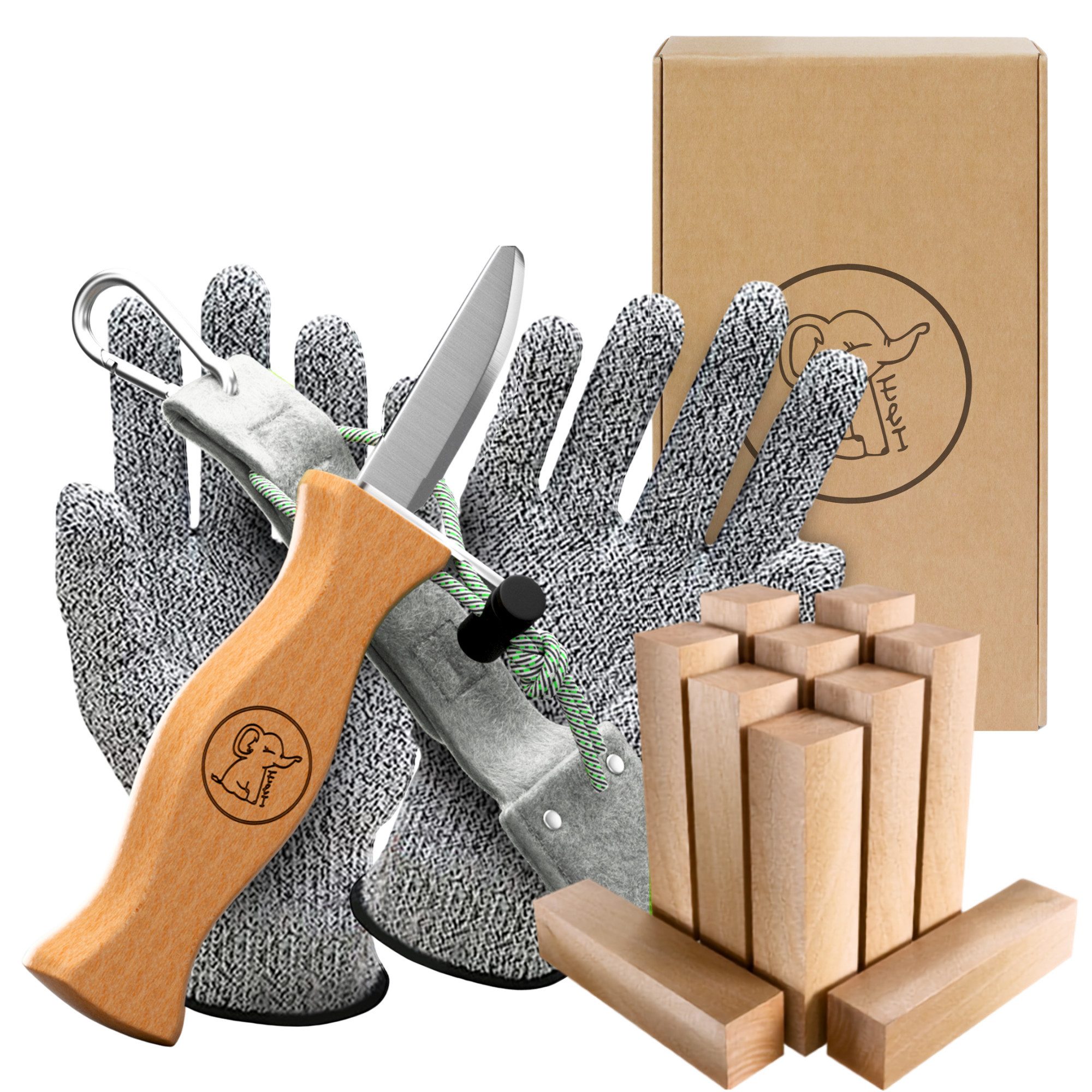 Eli Taschenmesser Schnitzmesser Kinder - Kindermesser mit Filztasche Kindertaschenmesser, (Schnitzwerkzeug - Outdoor Messer, 13 St., Kinderschnitzmesser - Griffe aus Buchenholz), inkl. schnittfeste Handschuhe - Beidhändig - rostfreier Stahl