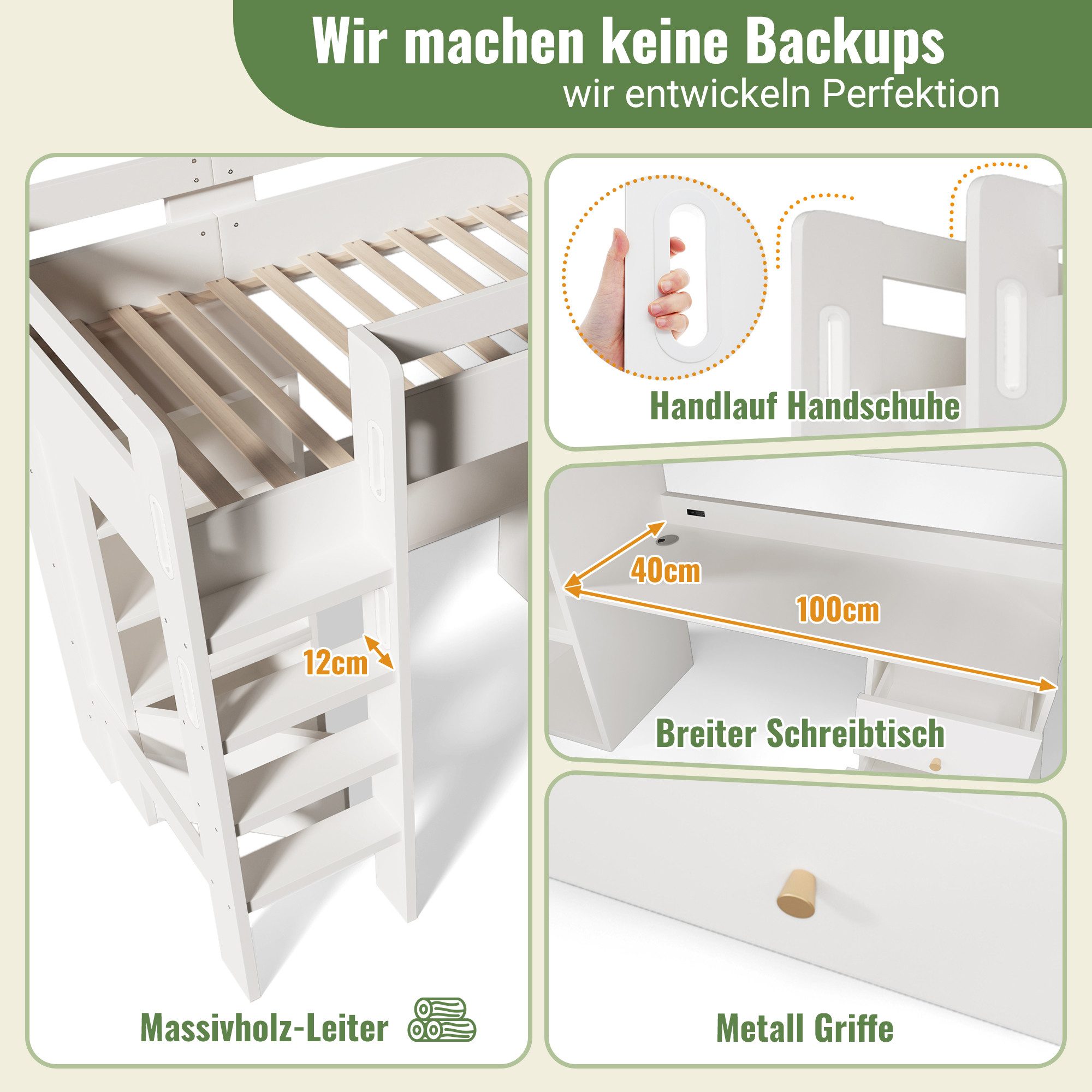 Merax Loft Bed (1-pc) Children's Bed 90x200 with Desk, Wardrobe & USB-C, Solid Wood