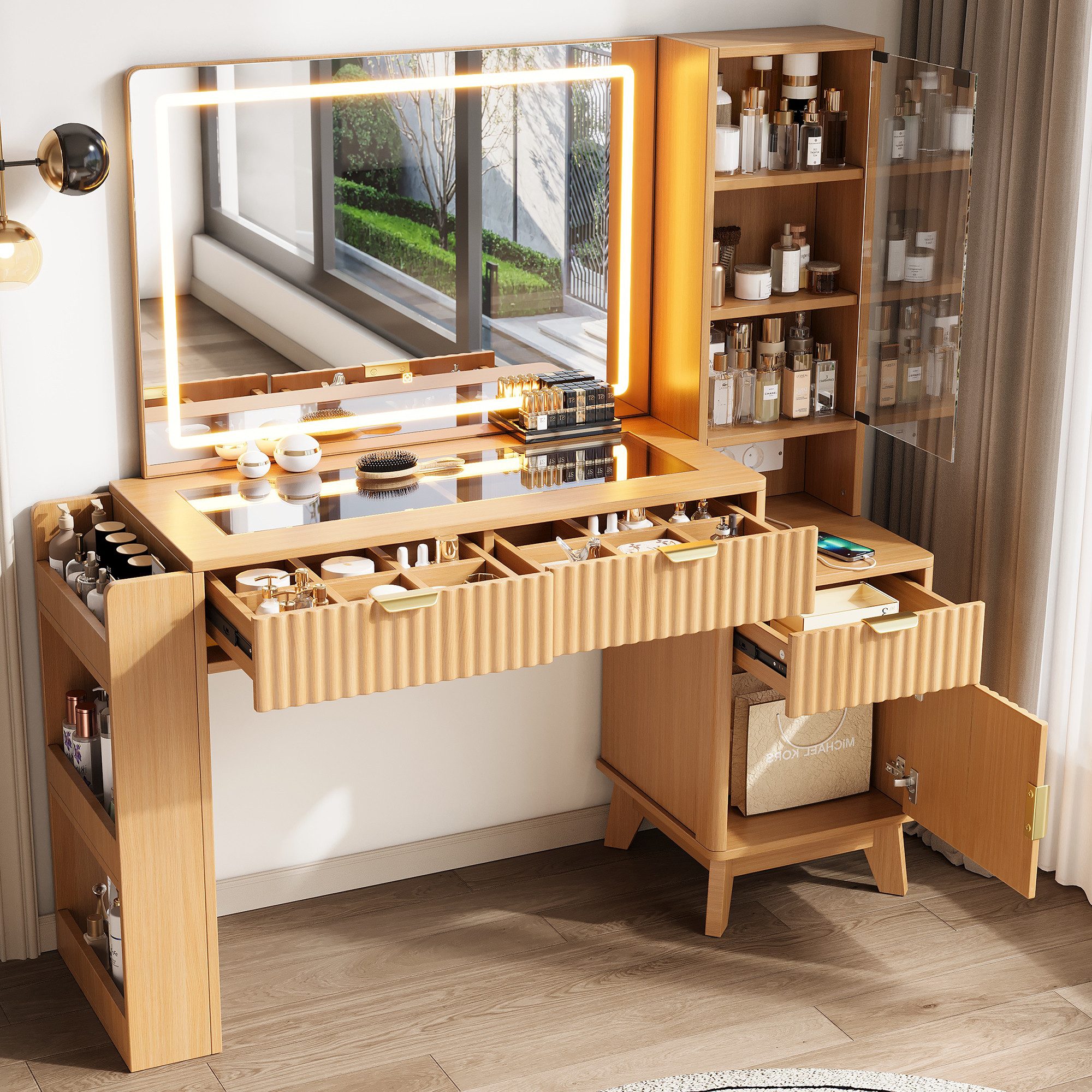 STILVORA Schminktisch Kosmetiktisch mit Spiegel Kommode mit 2 Steckdosen in Holzoptik (Französischer Stil, LED-Spiegel, Glasablage, viel Stauraum, 3 Schubladen, Schrank, USB, USB-C, dimmbares Licht), für Schlafzimmer, Ankleidezimmer, Apartment, Jugendzimmer
