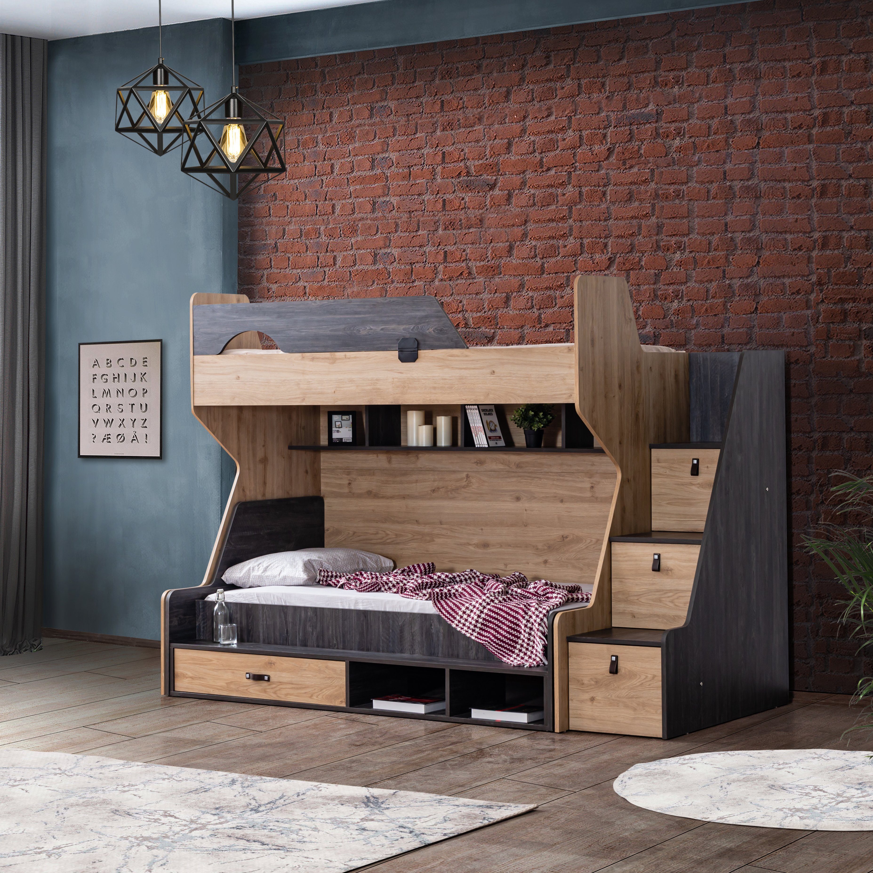 Hochbett mit Möbel-Lux Schlafplätze, (Set, mit Regaltreppe Jugendbett) Aktif zwei