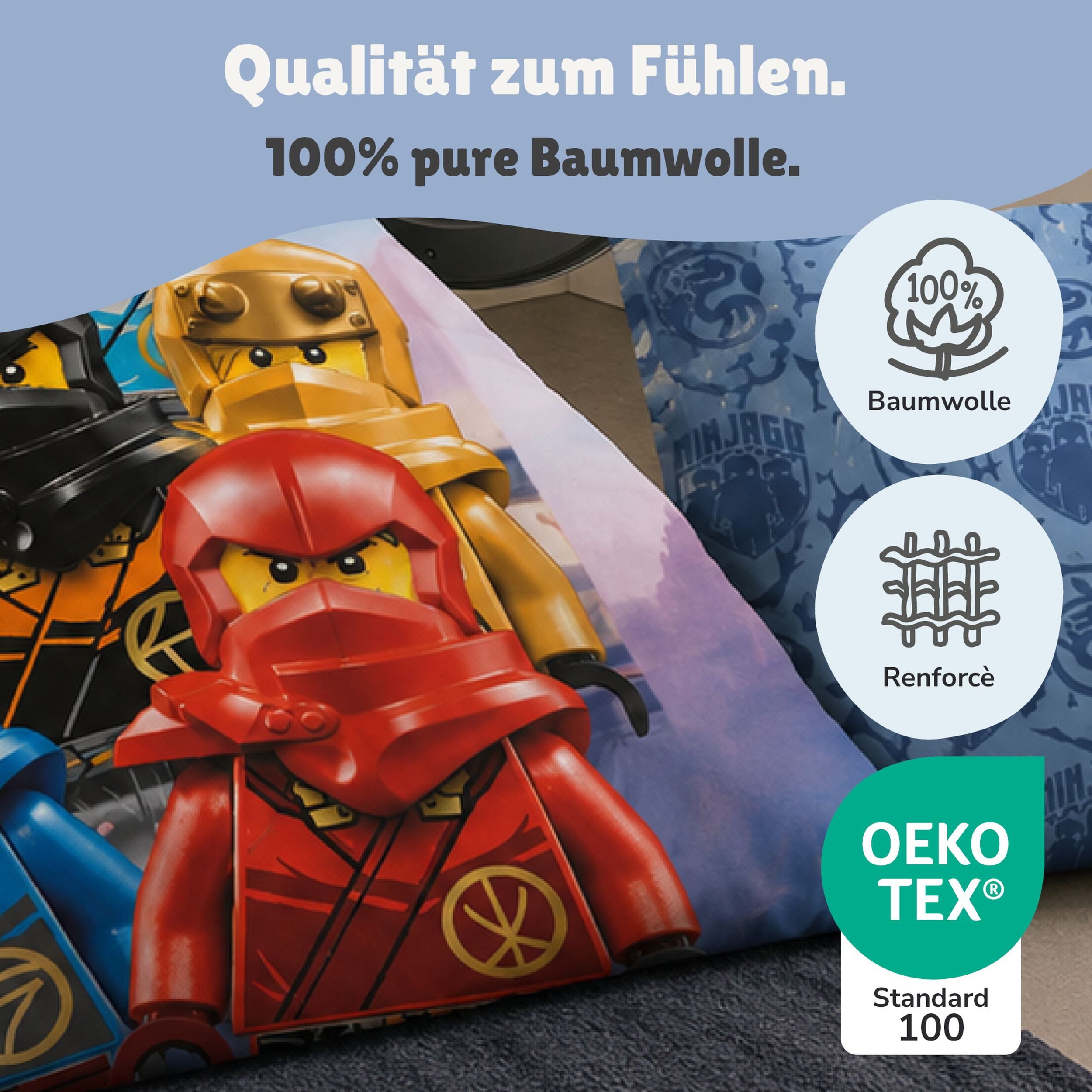 Familando Kinderbettwäsche Lego Ninjago Blau mit Lloyd Jay Kai uvm. aus 100% Baumwolle, Renforcé, 2 teilig, 135x200 80x80cm, Wendebettwäsche – Bild 5 von 5