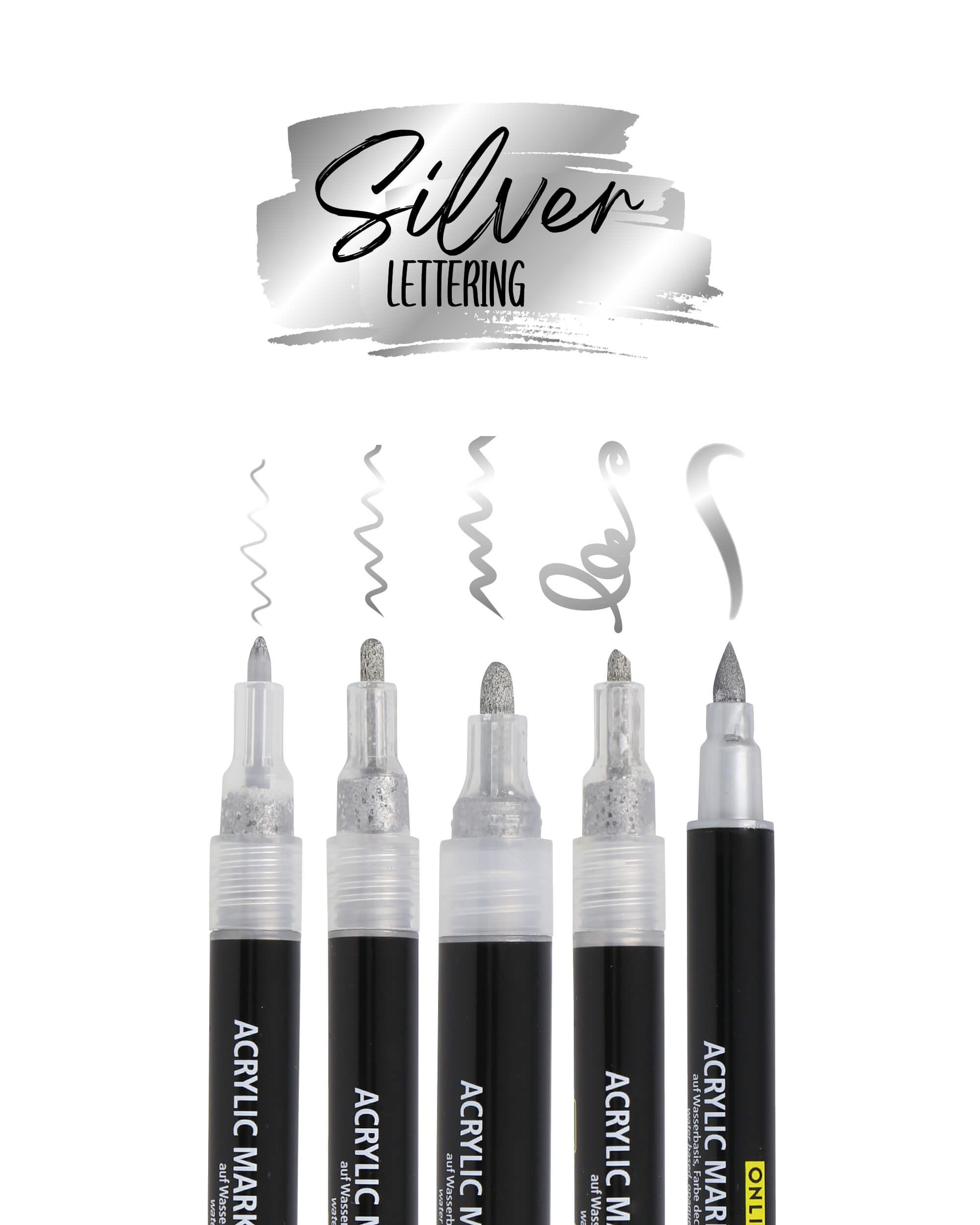 Online Pen Fineliner Silver Lettering, (5x goldene Metallic-Acryl-Stifte, deckend, Handlettering-Stifte mit verschiedenen Spitzen), Fineliner, Brushpen, Marker, Kalligrafie-Stift