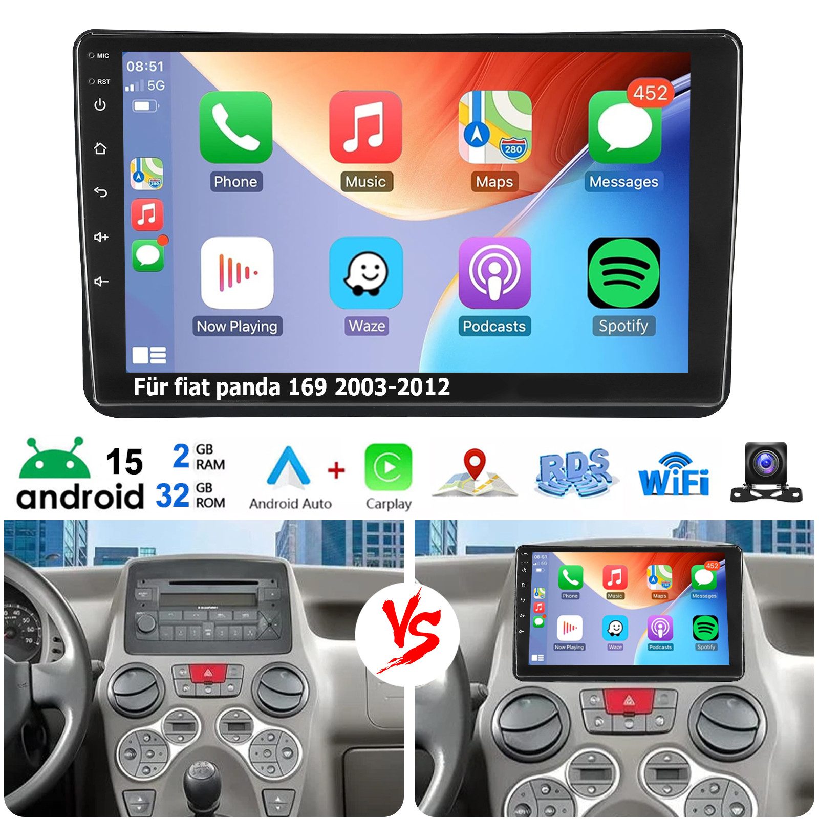 ESSGOO 9" Autoradio Android 15 Carplay GPS NAVI SWC Für Fiat Panda 2003-2012 Autoradio (RDS, 4+64GB(optional), Digitalradio (DAB), FM, BT 4.1, SWC, Carplay Android Auto Bluetooth EQ USB GPS Navi WIFI Touchscreen)