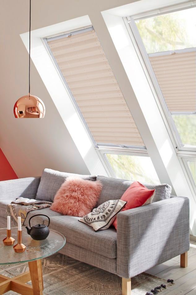 Dachfensterplissee StartUp Style creme Lichtschutz, Crush, sunlines, Führungsschienen mit verschraubt, verspannt