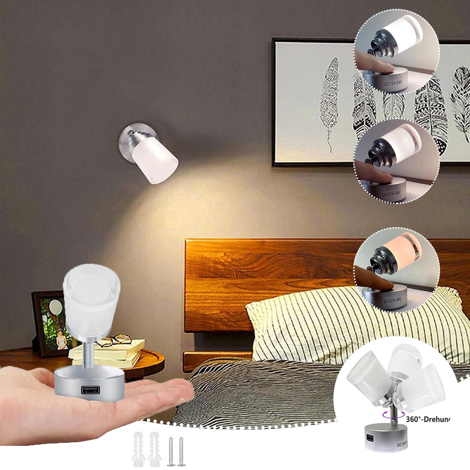 MUPOO LED Wandleuchte LED Leselicht Wohnmobil & Boot mit Touch-Schalter, 3 Farbmodi, LED fest integriert, für Wohnmobilen, Booten, LKWs & Vans