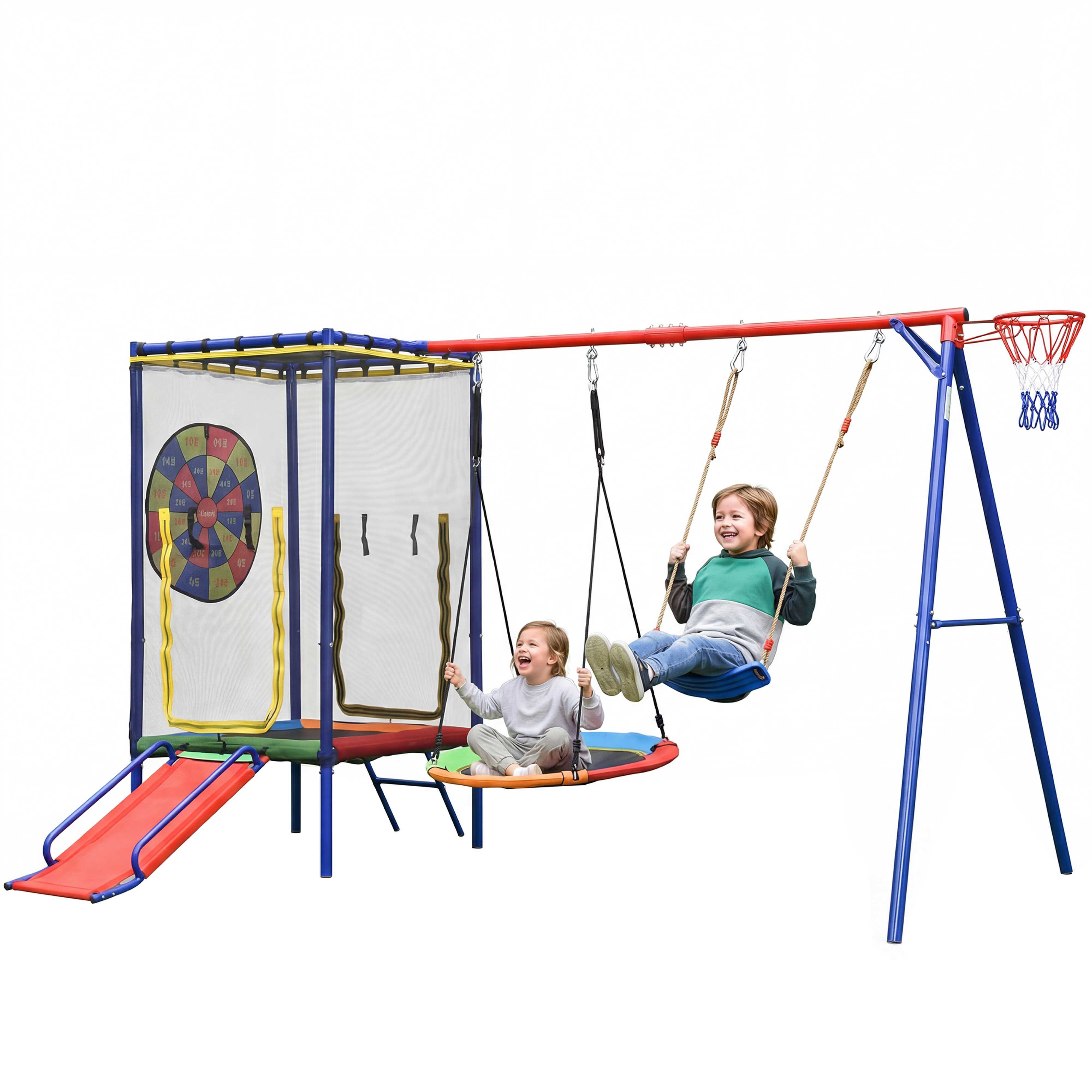 BlingBin Schaukelkombination 5in1 Outdoor Spielplatz Kinder, (1-tlg., Kinder Garten Spielgerät mit Sicherheitsnetz für 3–8 Jahre), Trampolin, Rutsche, Doppelschaukel & Basketballkorb, inkl. Bodenanker