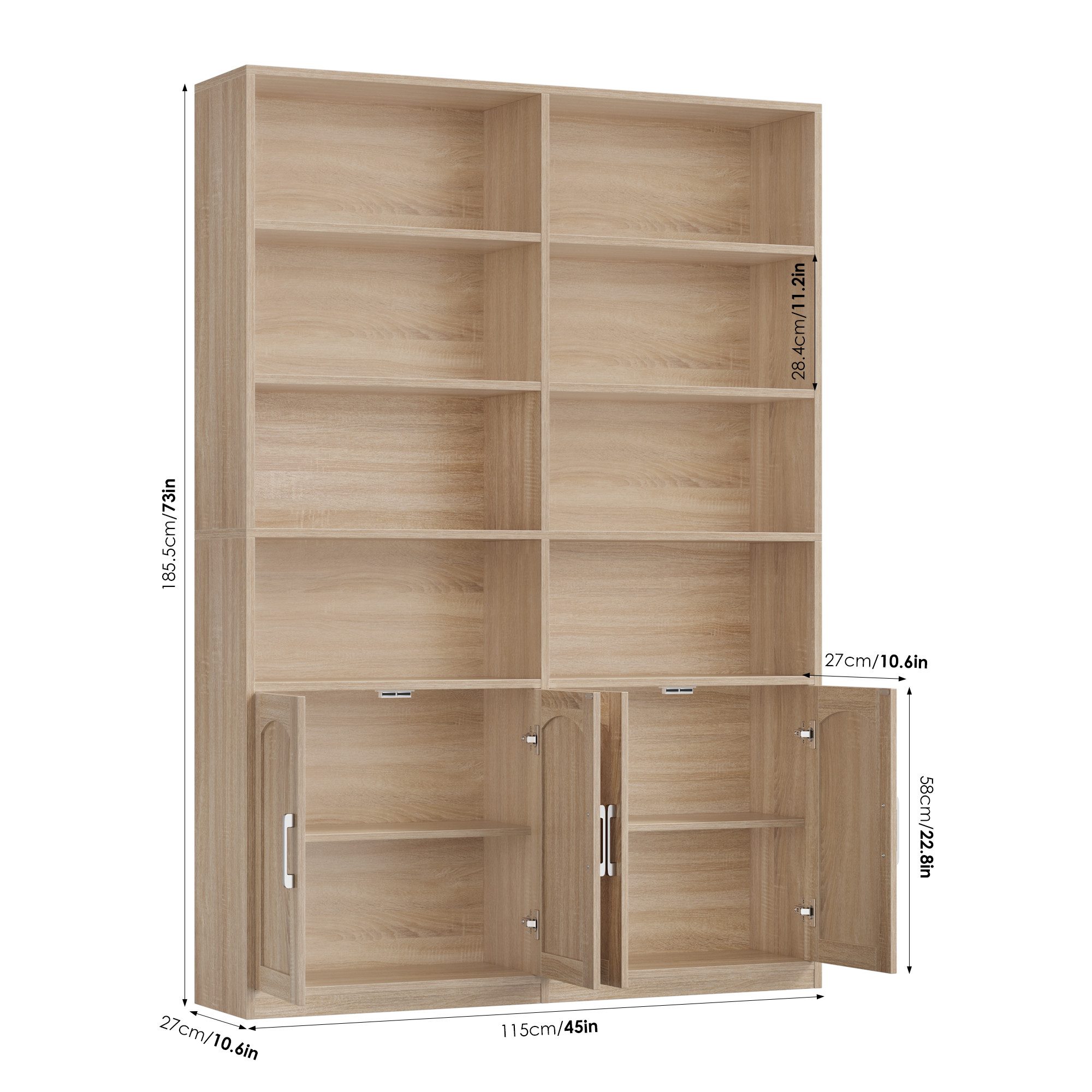 Homfa Bücherregal Standregal Büroregal Bücherschrank, mit 8 offenen Fächern und 4 Türen, Holz, 115x27x185,5 cm