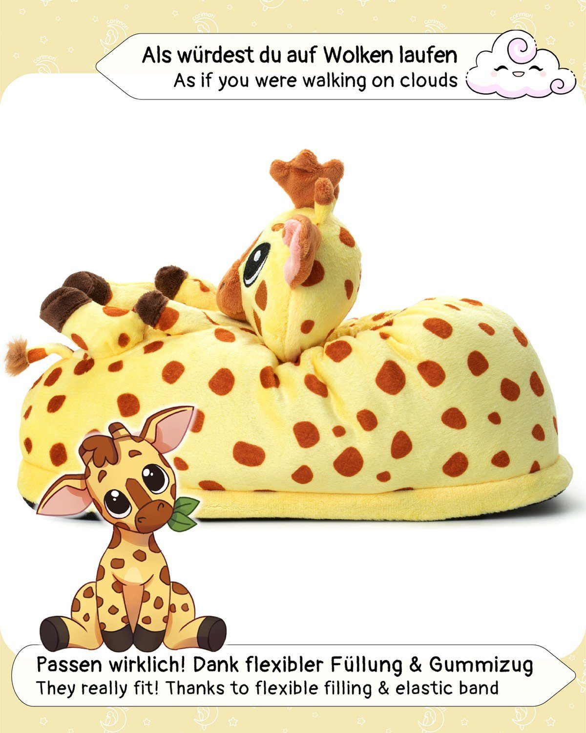 Corimori Süße Giraffen Slipper für Kinder und Erwachsene Plüsch Hausschuhe (Packung, Geschenk) super weiche Puschen, Tierhausschuhe, EU Einheitsgröße 34-44
