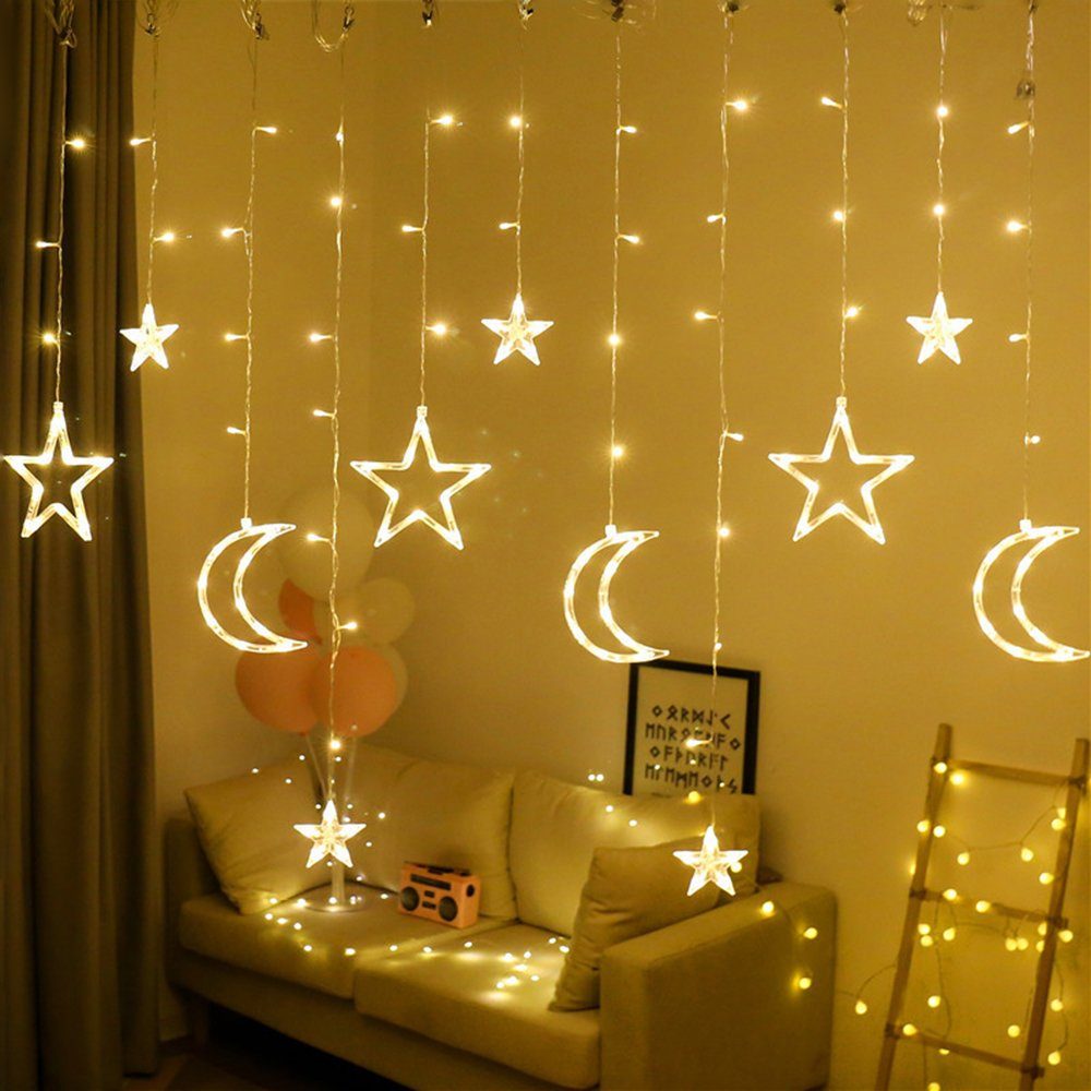 MUPOO LED-Lichtervorhang Lichtervorhang LED Deko, Warmweiß Lichterketten 8 LED dekoration, mit Eid Ramadan Ramadan Mubarak Modi, geschenke Vorhanglichter