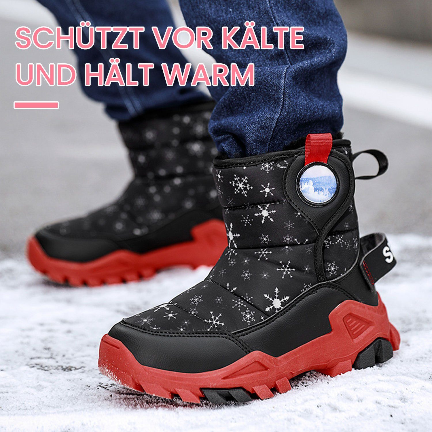 Daisred Mädchen Schneestiefel Warm Handschuhe Rot Snowboots Schal Set Schwarz Mütze