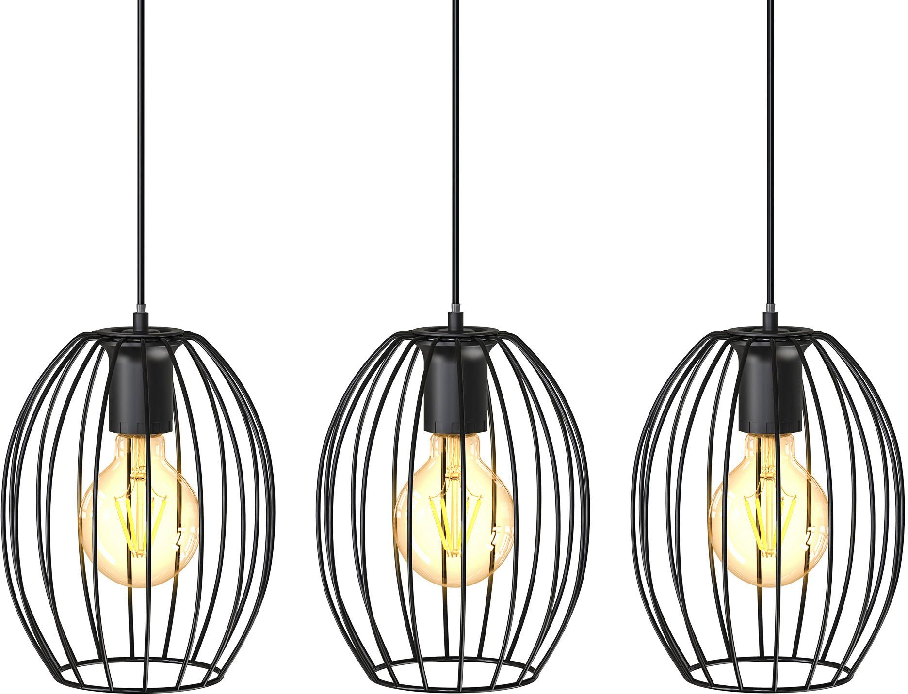 B.K.Licht Pendelleuchte BK_PL1461 Retro-Pendellampe, Leuchtmittel, ohne Metall, Leuchtmittel, Schwarz, ohne E27-Fassung, L:70cm 3-flammig