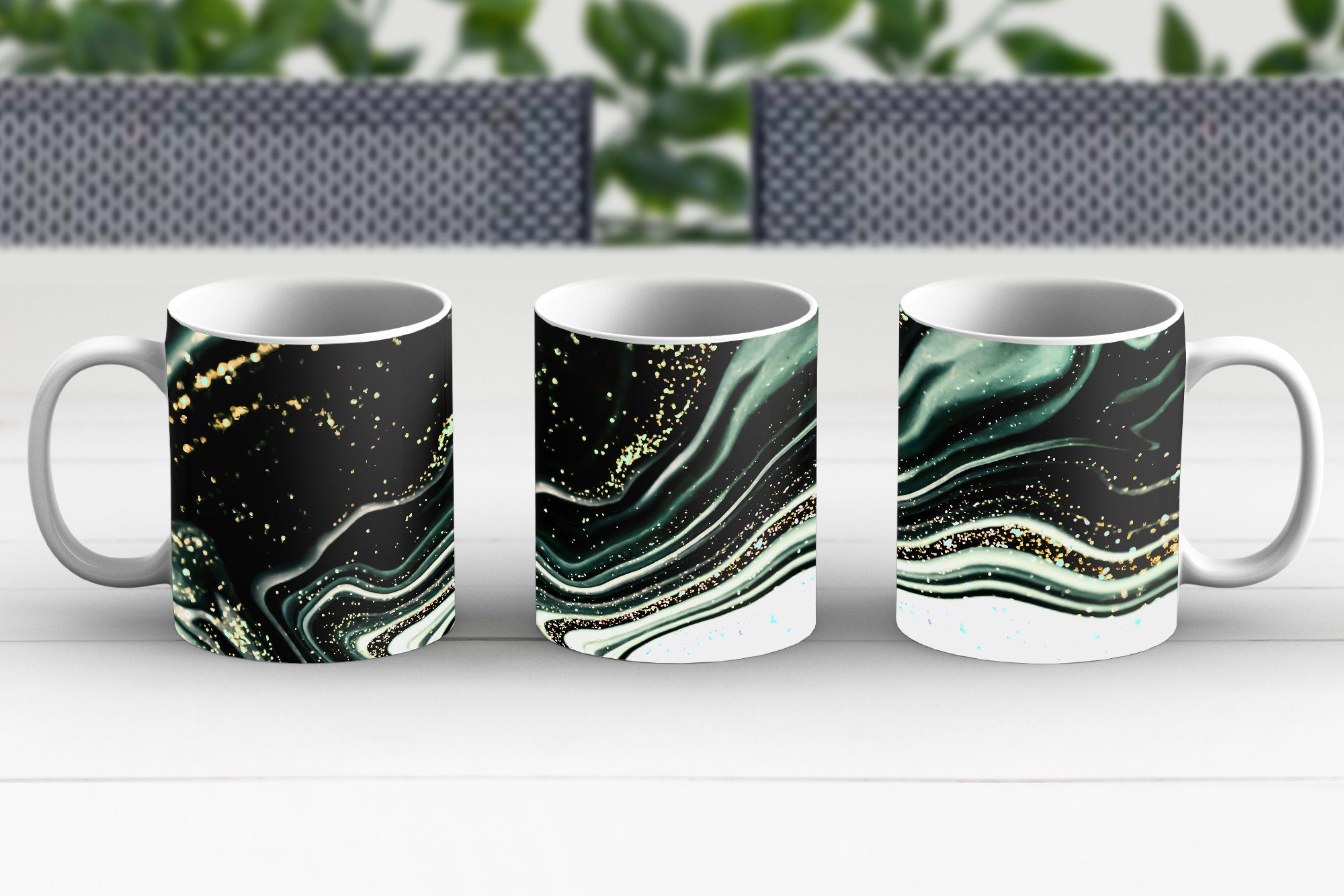 MuchoWow Tasse Marmoroptik - - Marmor, Glitter Kaffeetassen, Gold Becher, Design - - Grün - Teetasse, Geschenk Teetasse, Keramik