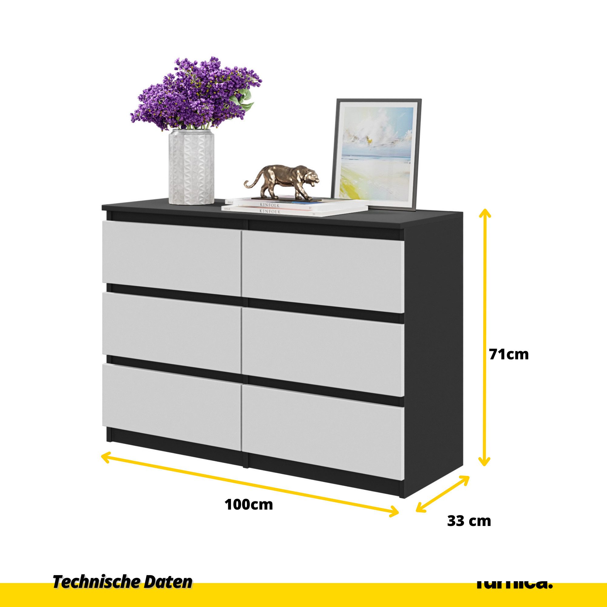 Furnica Kommode GABRIEL 6 Schubladen - Anthrazit Grau H70cm B100cm T33cm