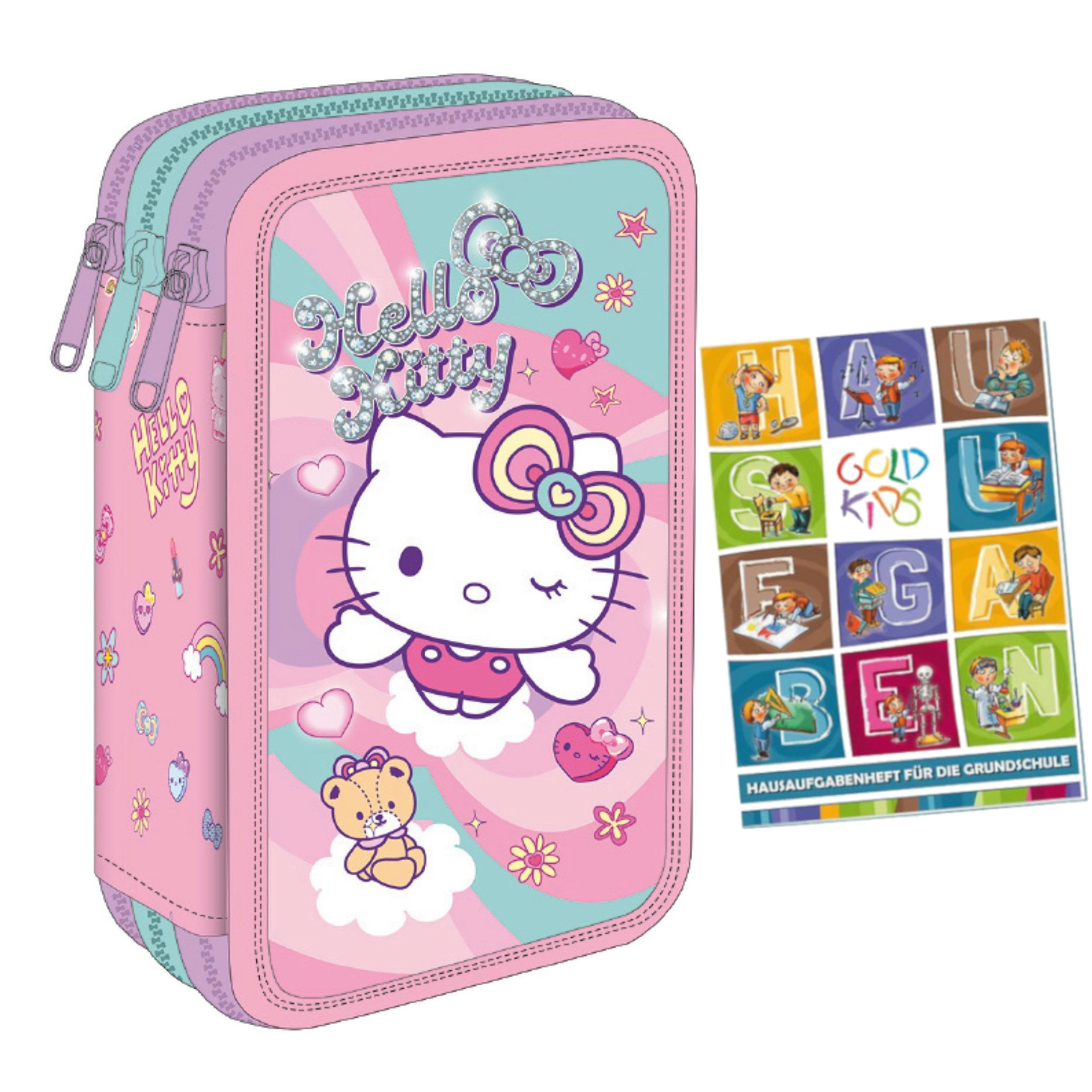 GOLDKIDS Federmäppchen 3 Fächer - Mäppchen für Mädchen -, (Federmappe 3-Fach Federtasche, Gefüllte Schüleretui Schulmäppchen und Hausaufgabenheft), - Hello Kitty Motiv