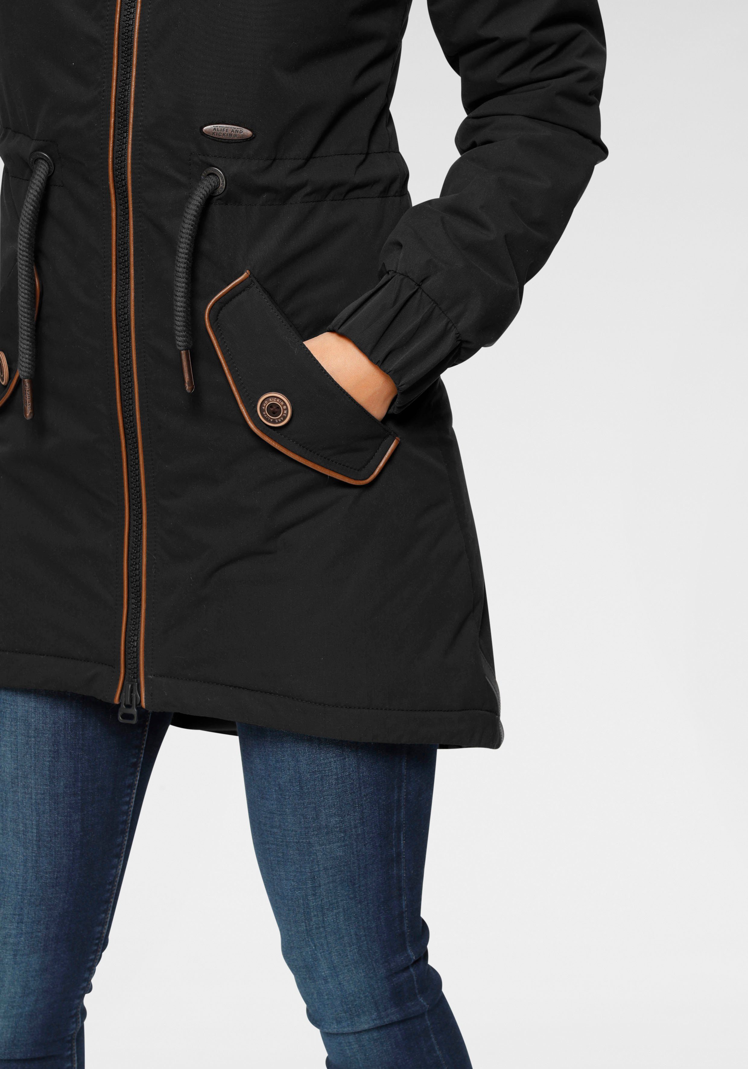 Outdoorjacke großen CharlotteAK black-uni Parka Pattentaschen langer Piping Kickin Alife & mit