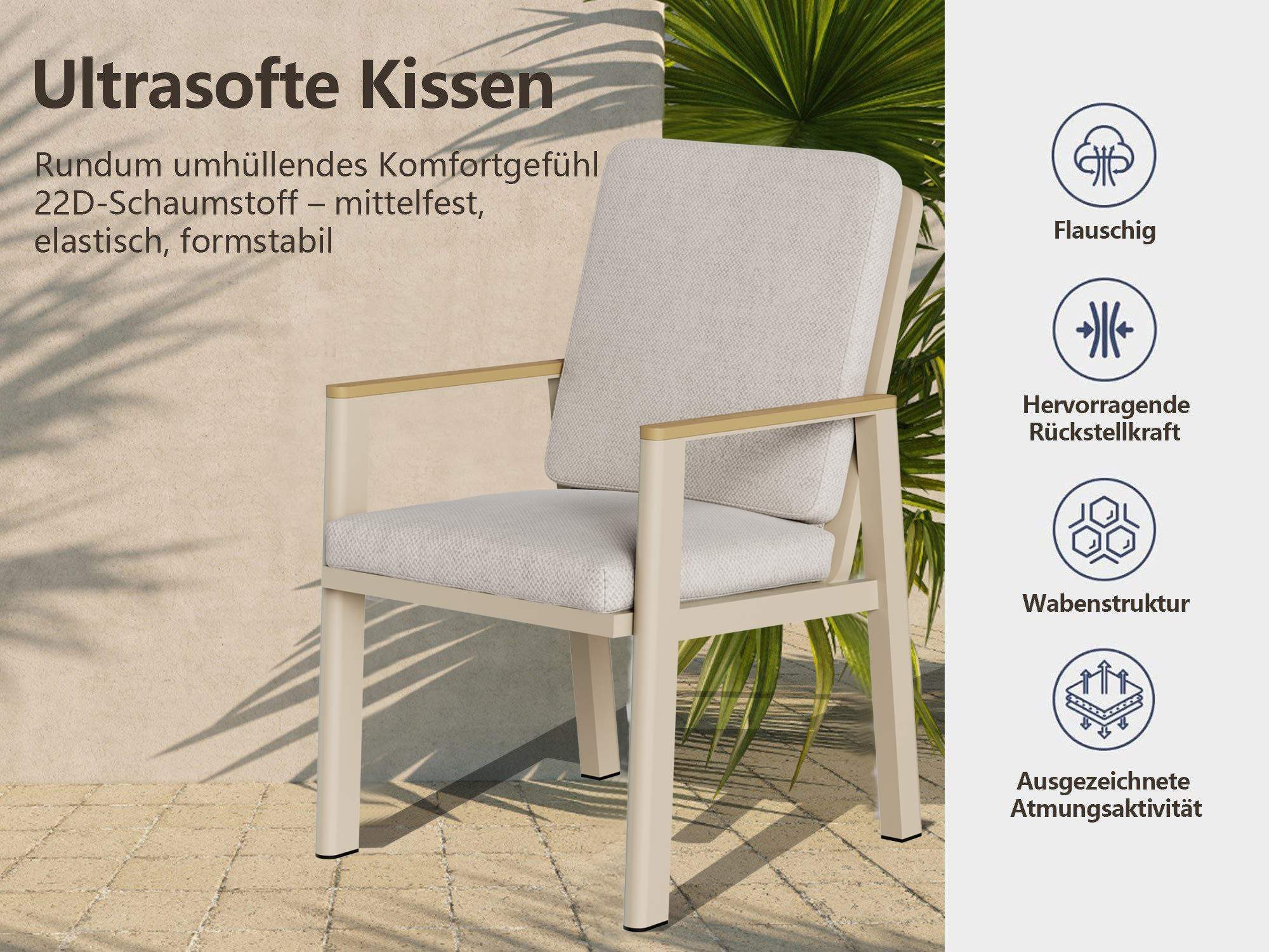 MeXo Gartenstuhl Aluminium Gartenmöbel Esstischstuhl mit Kissen (ergonomischen Sesseln, 2 St), Belastbarkeit pro Sitzplatz 140 kg