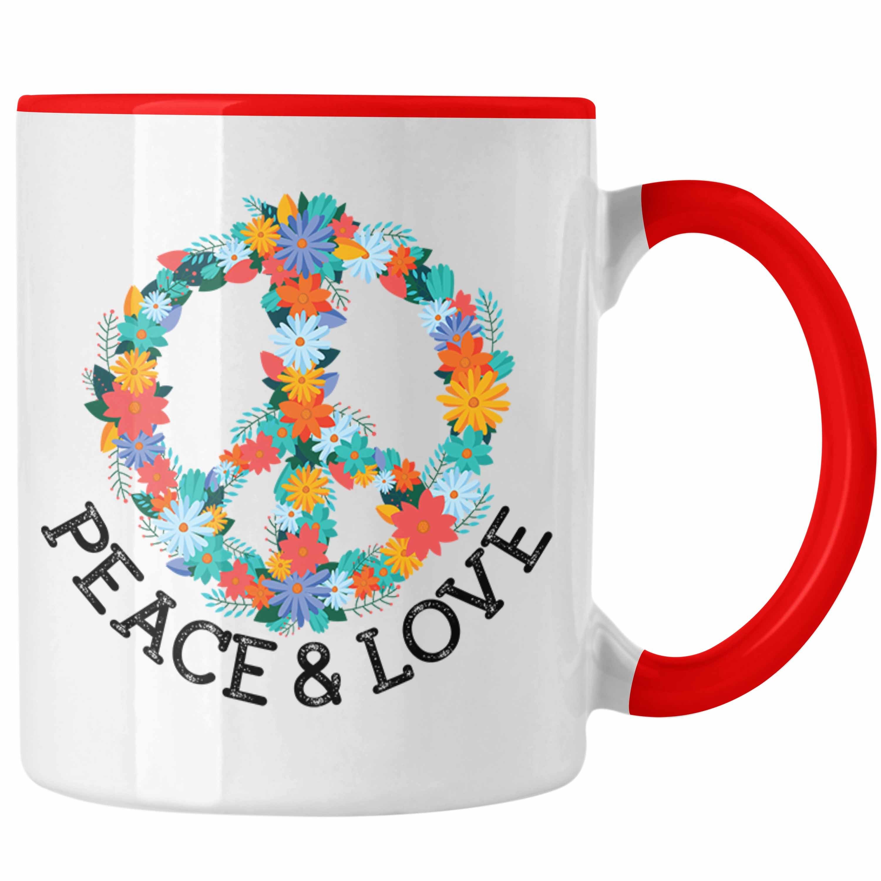 Trendation Tasse Trendation - Peace & Love Zeichen Tasse Frieden Hippie 90er 80er Grafik Geschenk Blumen Grün Rot