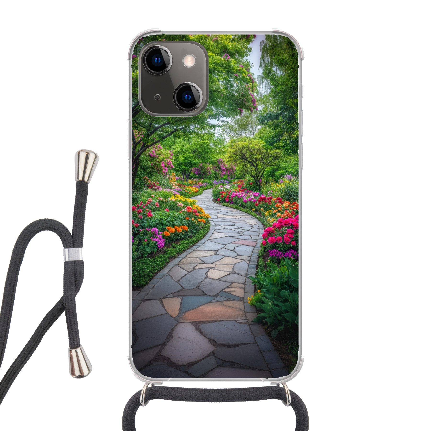 MuchoWow Handyhülle für Apple iPhone 13 Mini Park - Blumen - Garten, Tragbare Handyhüllen mit Kette zum umhängen, Handykette Handyband