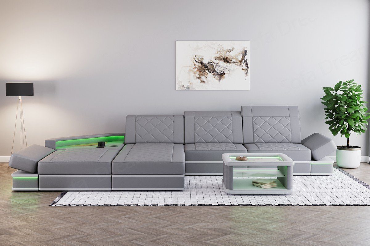 Sofa Ledersofa, L Sofa Leder mit Form Designer LED-Beleuchtung Couch Ecksofa Ledercouch Perugia Dreams