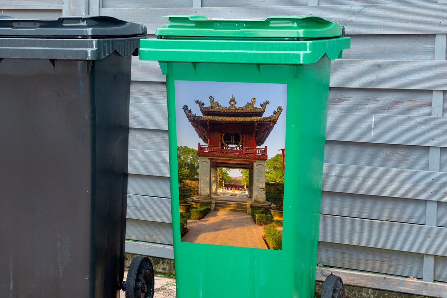 Container, MuchoWow Mülleimer-aufkleber, Sticker, Hanoi (1 - Mülltonne, Tempel Rot Abfalbehälter - St), Wandsticker