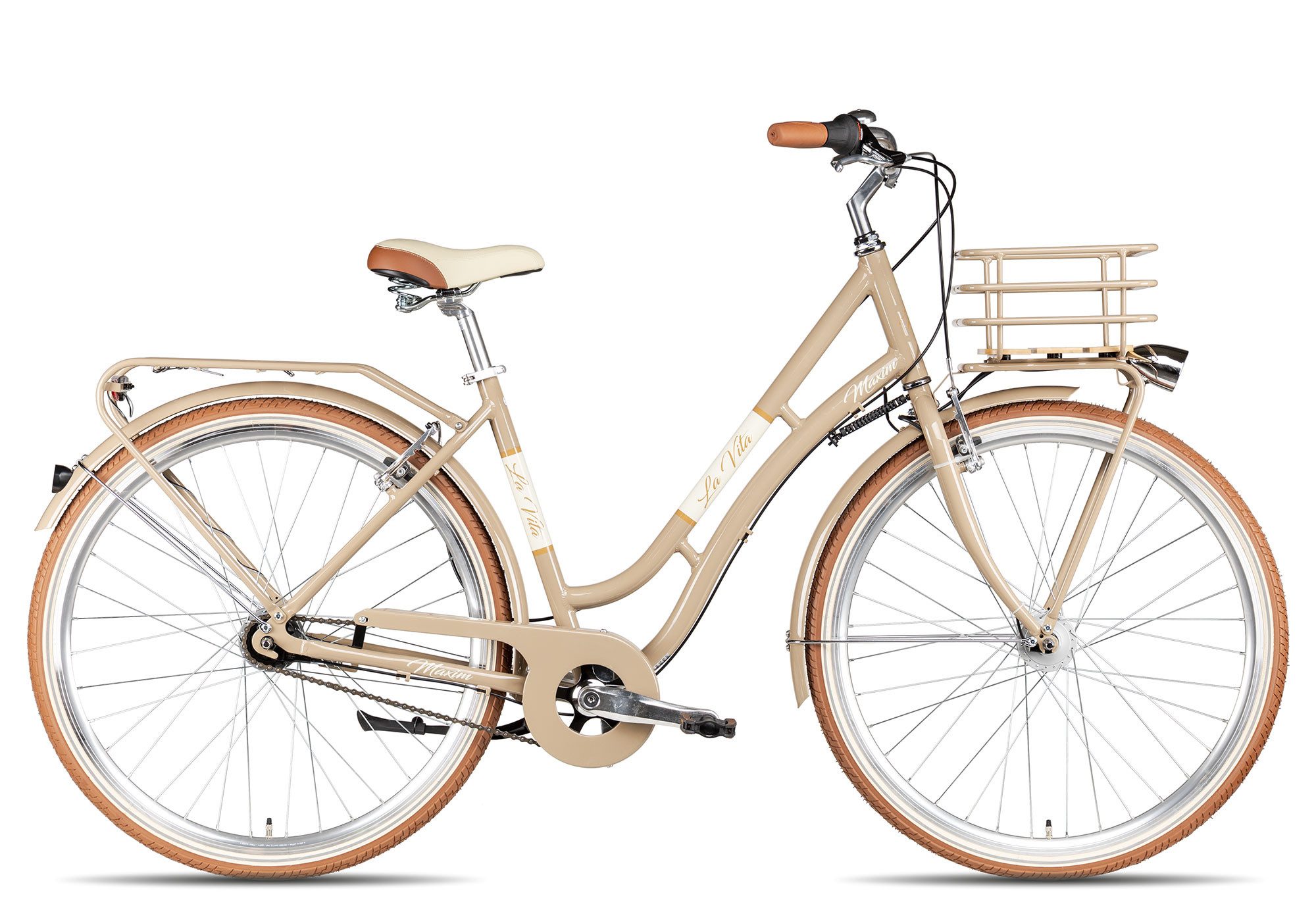 Maxim Cityrad La Vita Nexus, 7 Gang Shimano Nexus 7 Rücktritt Schaltwerk, Nabenschaltung Rücktritt, Gepäckkorb über Vorderrad braun/beige