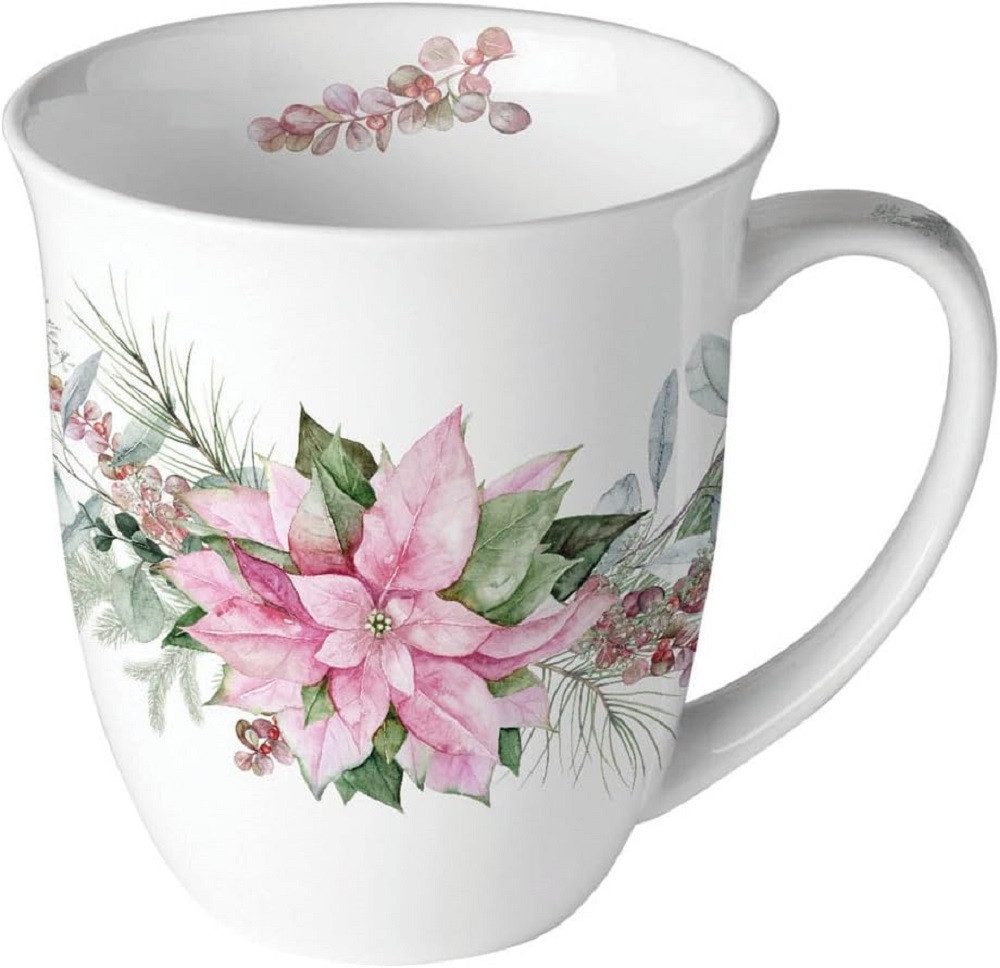 Ambiente Luxury Paper Products Becher Porzellan Frühling / Herbst / Sommer / Winter Kollektion, 1-tlg., Porzellan Becher ca. 400 ml Blühende Magnolie / Blumen - Pflanzen / Hochzeit, Muttertag - Becher 0,4 l Rosa Weihnachtsstern, Mug Kollektion / Ideal als Geschenk
