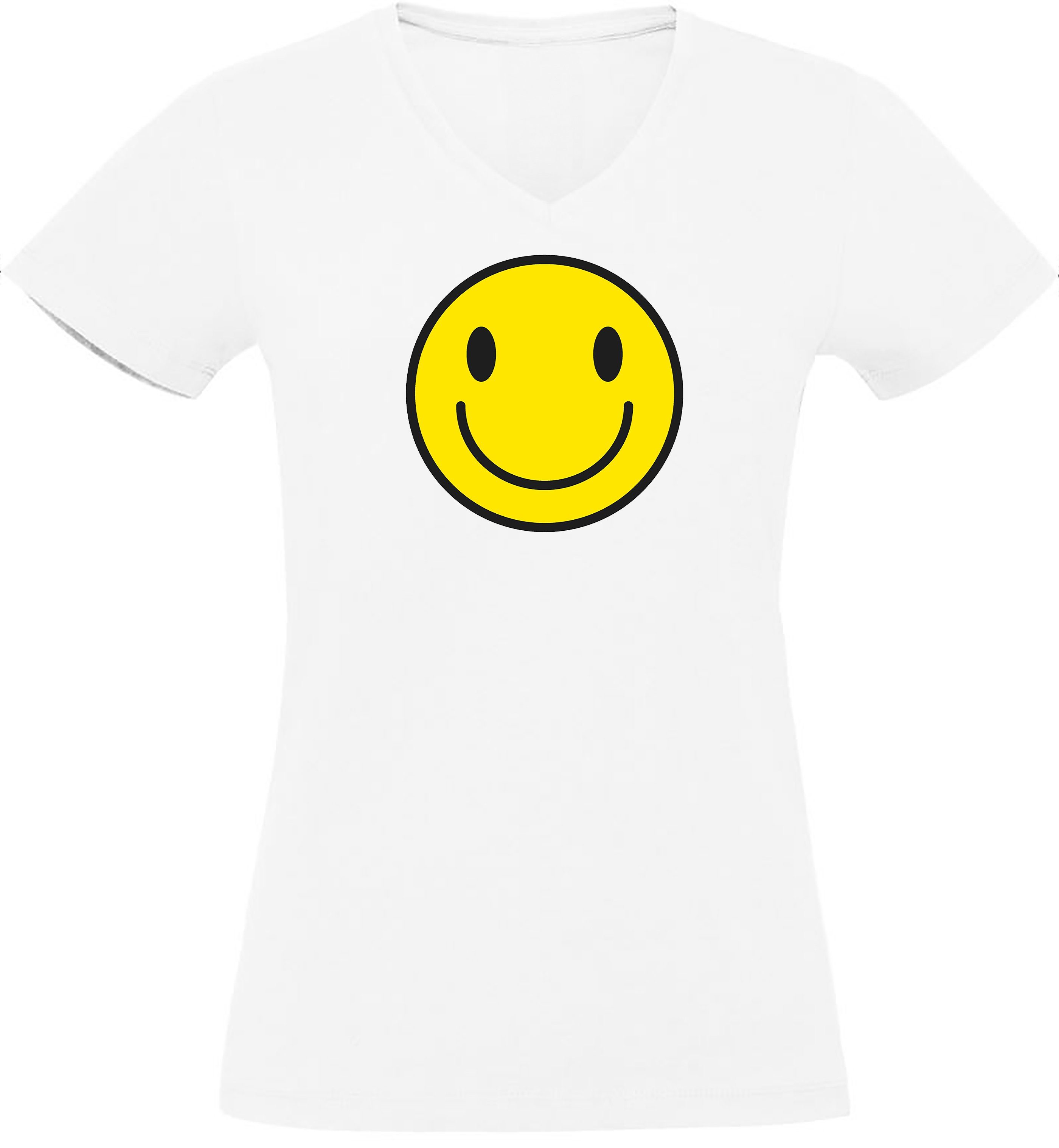 MyDesign24 T-Shirt Damen Smiley - Lächelnder Smiley Baumwollshirt Fit, weiss i281 Slim Aufdruck Print mit V-Ausschnitt Shirt