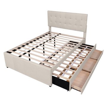 Merax Polsterbett mit 2 Ligeflächen 140x200/90x190 cm, Doppelbett mit 3 Schubladen und Lattenrost, Ausziehbett, Kinderbett