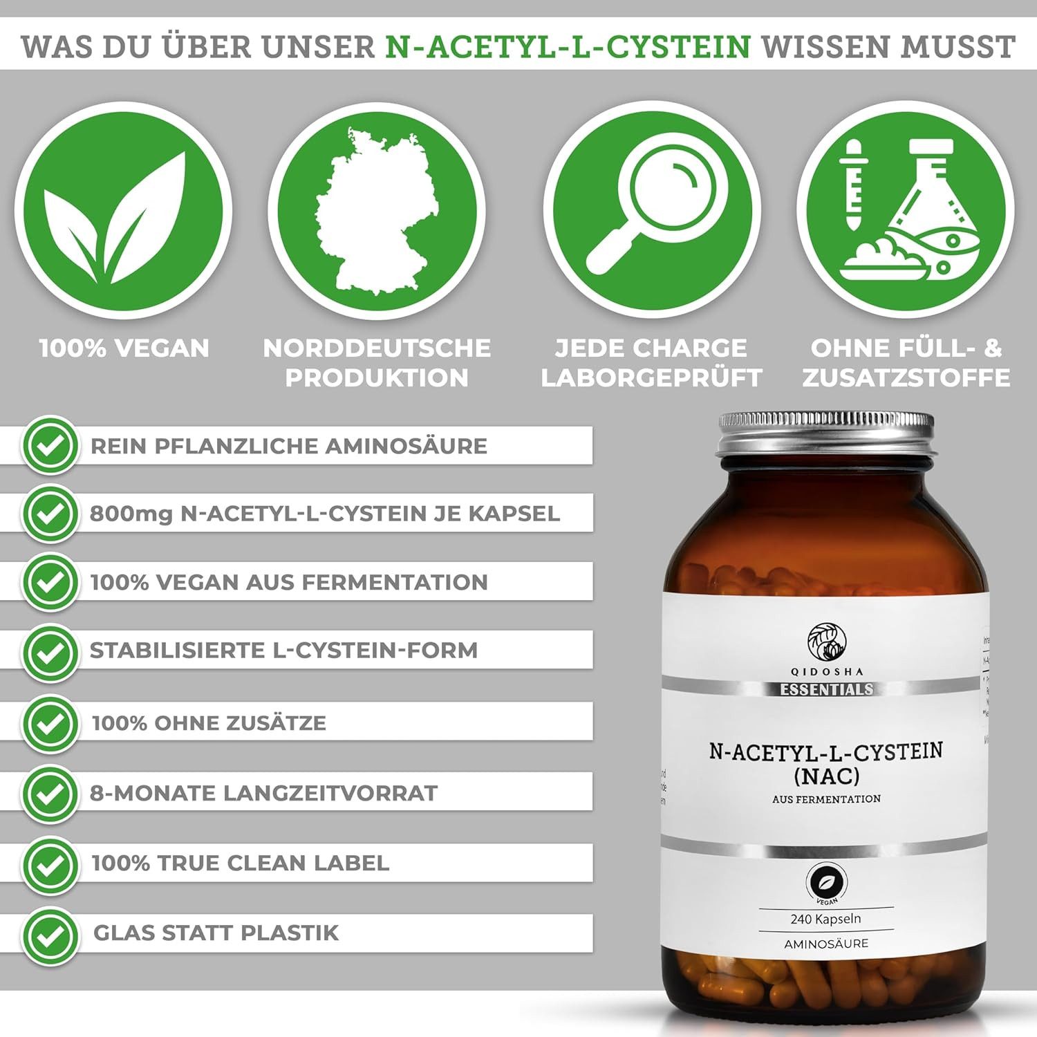 QIDOSHA N-Acetyl-L-Cystein - NAC Kapseln, 1 er hochdosiert, 240 Kapseln im Apothekerglas, 800mg N-Acetyl-L-Cystein je Kapsel, vegan, laborgeprueft, deutsche Fertigung à 240 St., 220.0 g, Laboren geprüft & Made in Germany