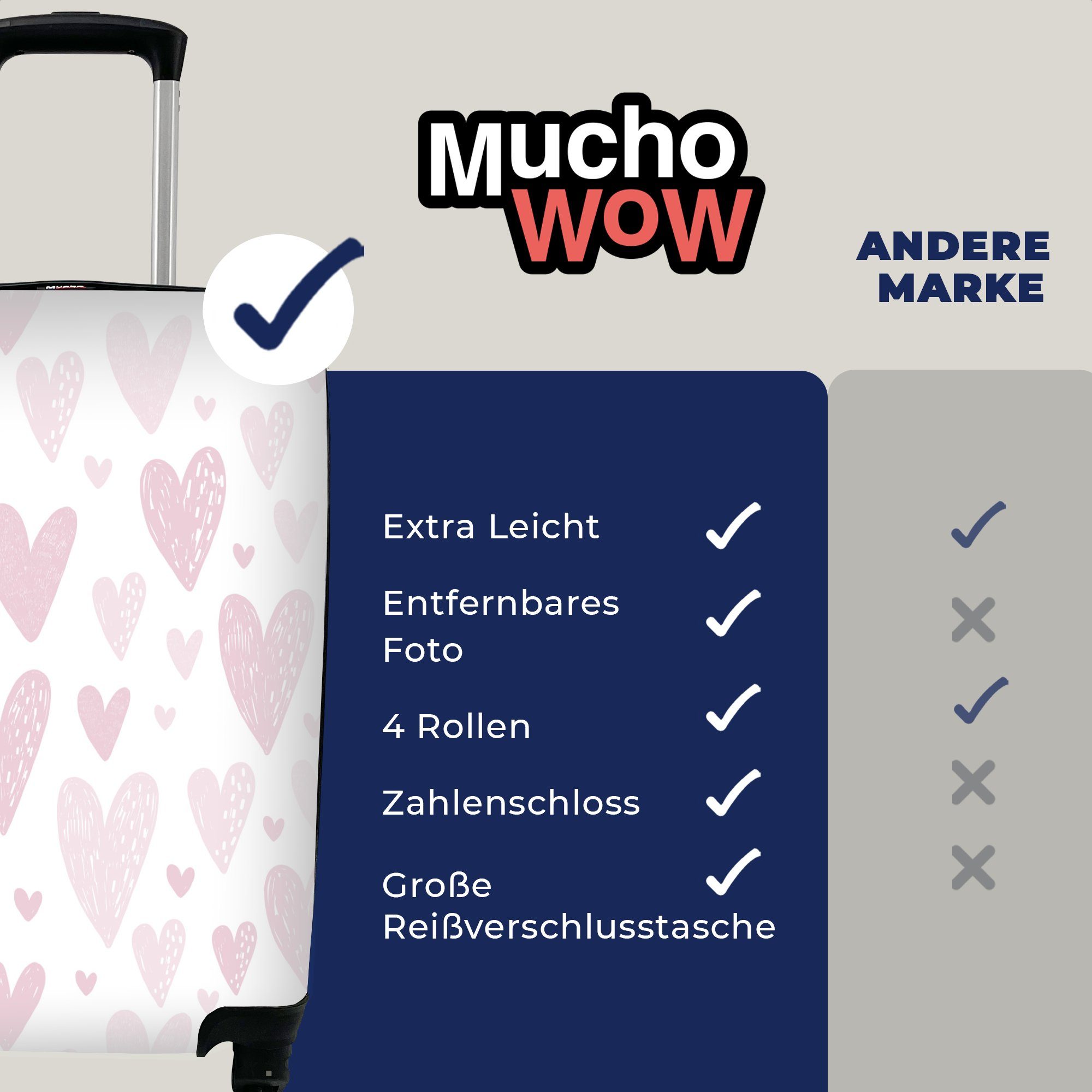 MuchoWow Handgepäckkoffer Herz 4 Trolley, mit Mädchen, Baby - Rollen, - für Rosa Handgepäck - Design - - Mädchen Reisekoffer Reisetasche rollen, Ferien